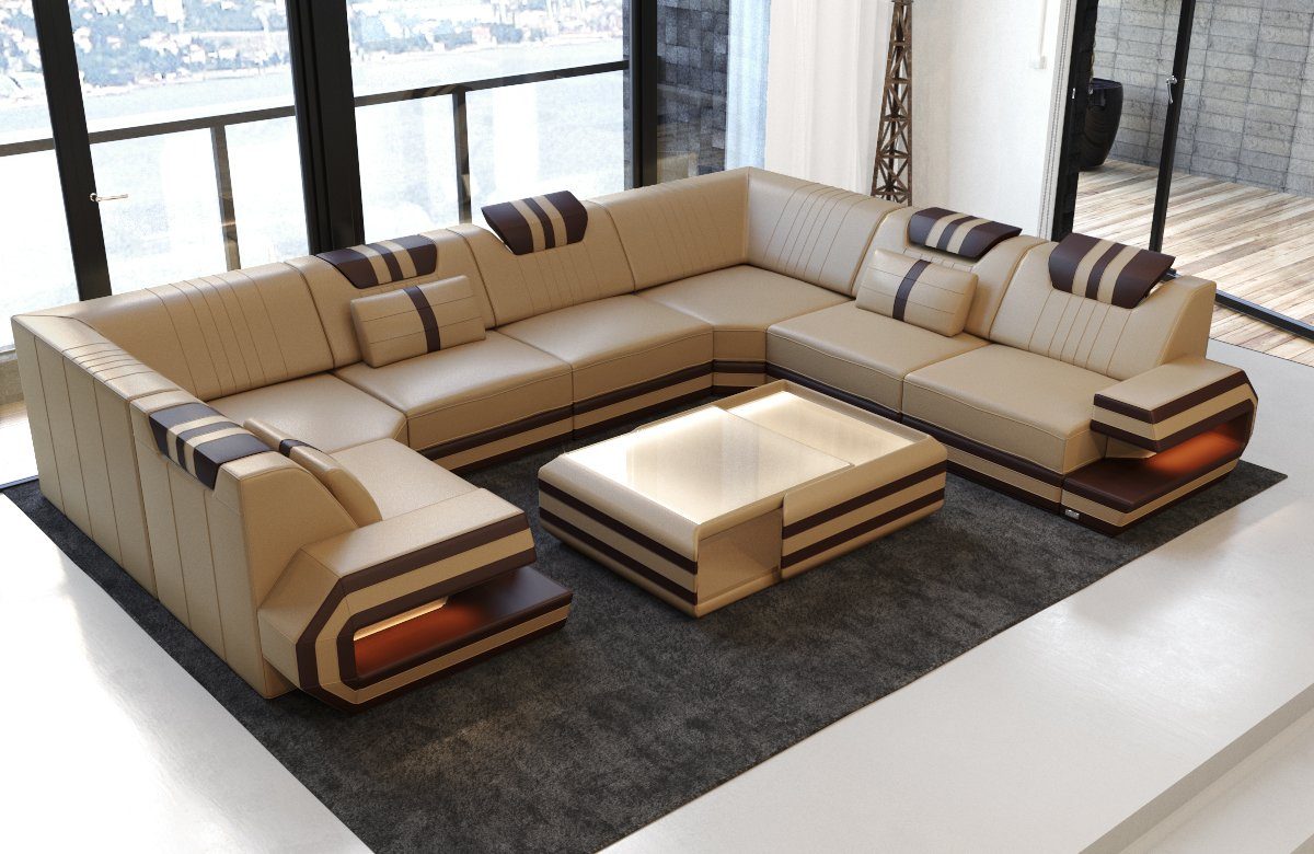 Sofa Dreams Wohnlandschaft Sofa Ledercouch Leder Ragusa U Form Ledersofa, Couch, mit LED, Designersofa