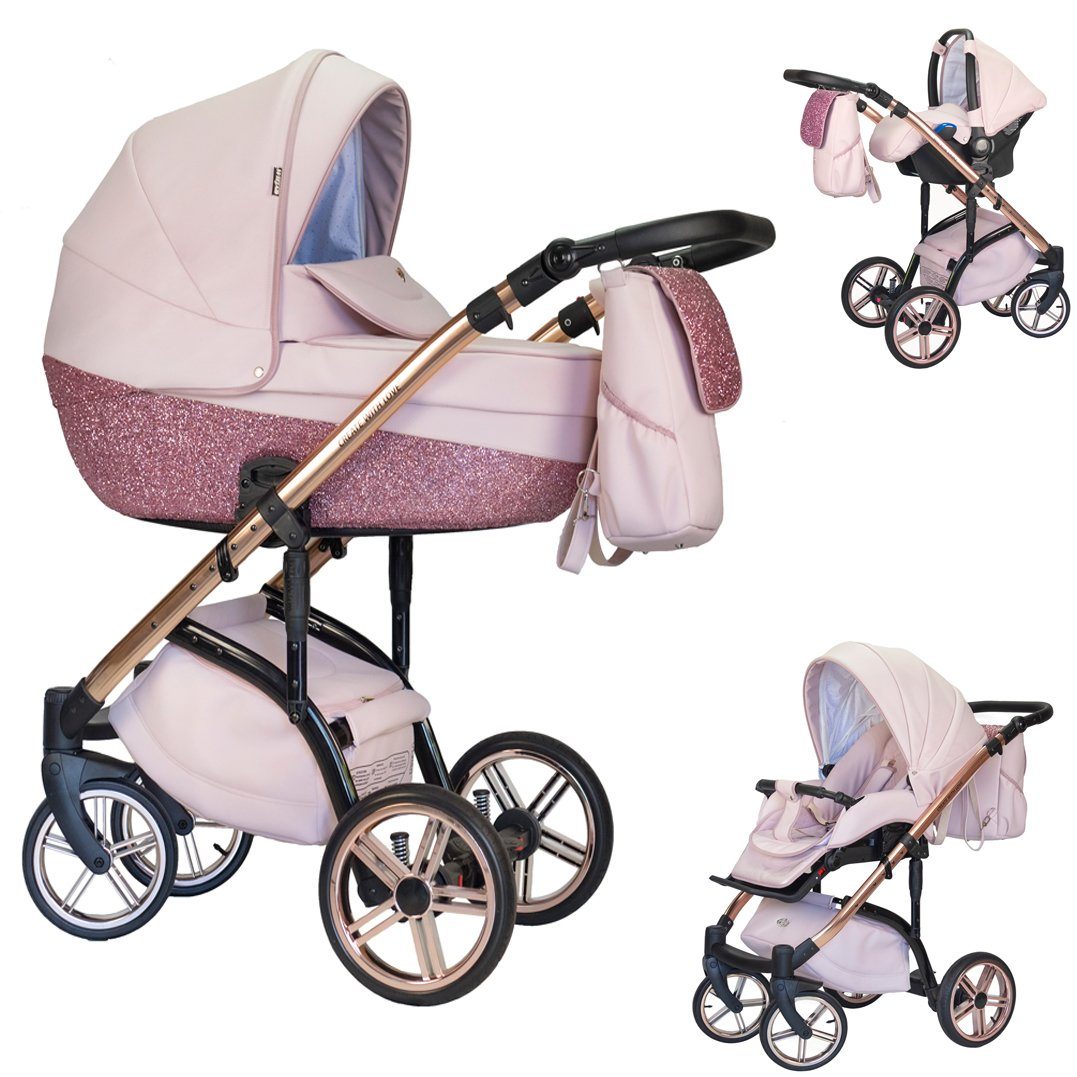 babies-on-wheels Kombi-Kinderwagen 3 in 1 Kinderwagen-Set Vip Lux - 12 Teile - in 16 Farben Rosa-Dekor