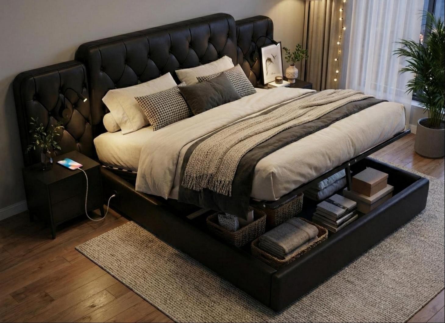 LVHOM Boxspringbett 160x200cm/180x200cm Bettgestell, Samt/PU, diamantgeprägtem Knopf-Design (Kunstlederbett, gepolsterter stabiler Metallrahmenkonstruktion mit flexiblen Nachttischlampe, USB-Ladeanschlüssen, Bettkasten, hydraulischem Stauraum-System, freie Staubschutzhülle für Bettkasten als Geschenk, Polsterbett für maximalen Komfort, Stil und praktische Alltagslösungen), Geeignet für Schlafzimmer in verschiedenen Häusern/Wohnungen/Hotel