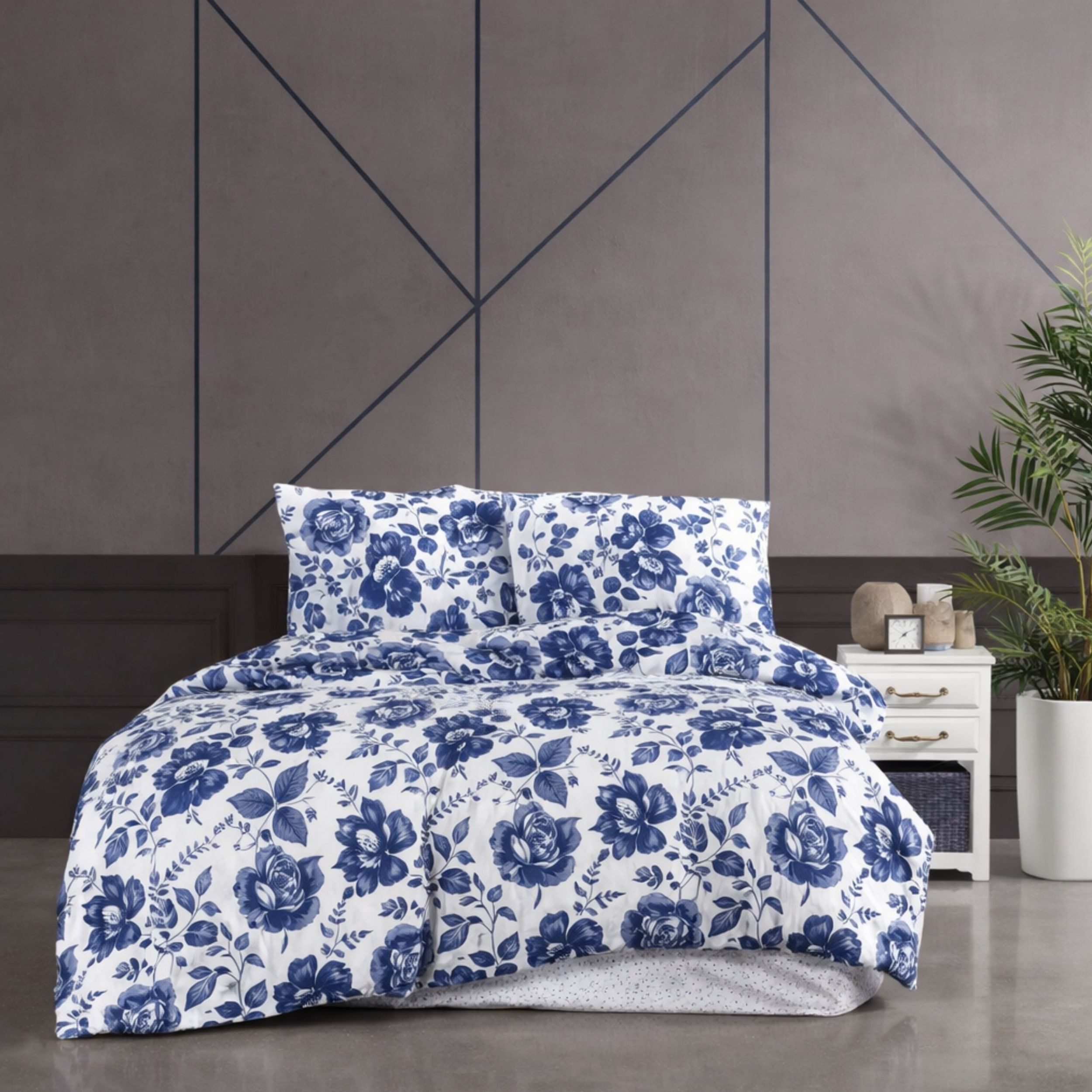 ZIRVEHOME Bettwäsche Baumwolle BettbezugWeiß Blau Floral Blumenmuster Blaue Harmonie, Renforce, 2 teilig, 135x200 Baumwolle Bettbezug Weiß Blau Floral Blumenmuster