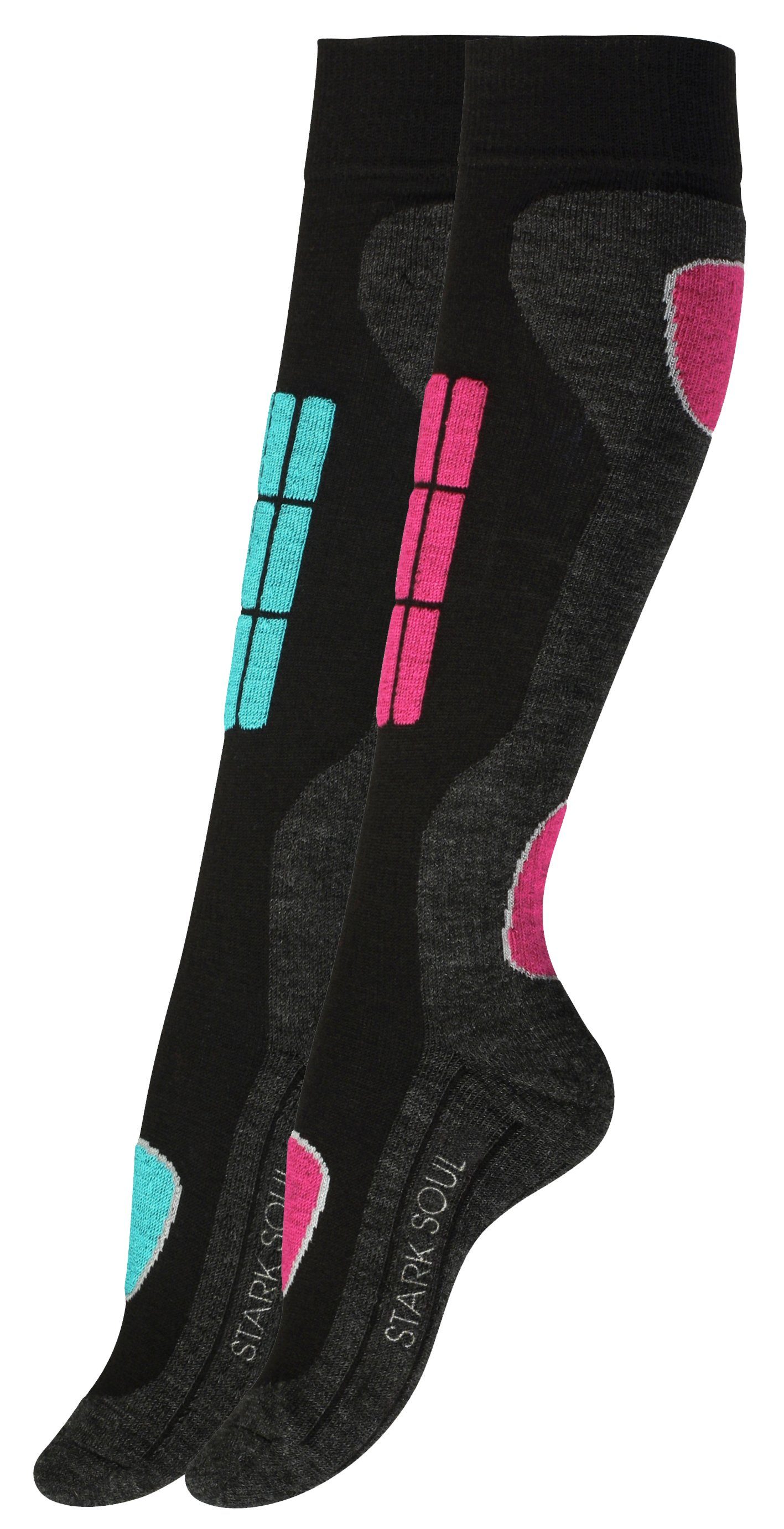 Stark Soul® Skisocken Ski & Snowboard Socken, Wintersport Socken mit Spezialpolsterung, 2 Paar 2er-Pack, Spezial -Polsterungen an den Belastungszonen, Dehnungszonen an Knöchel und Spann, flache Nähte, dickes Proteegewebe Pink/Turquoise | Skisocken