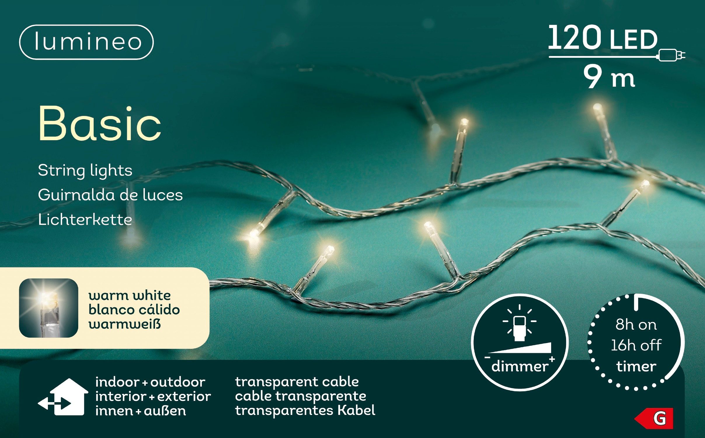 Lumineo LED-Lichterkette Lumineo Lichterkette BASIC 120 LED 9 m warm weiß, transparentes Kabel, Indoor/Outdoor, dimmbar, 8h-Timer, + 5 m Zuleitung