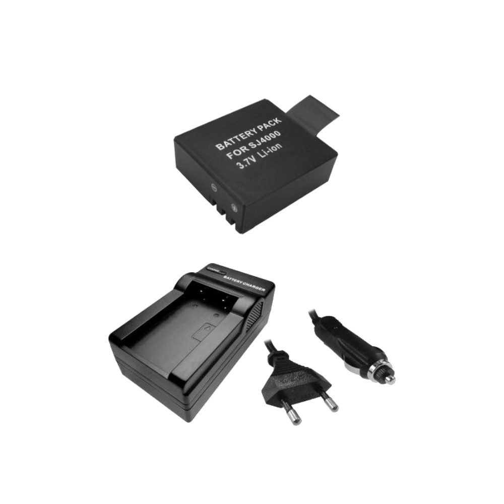 Trade-Shop 2in1 Set passend für Qumox SJ4000 SJ5000 SJ6000 Ladegerät + Kamera-Akku Li-Ion 900 mAh (3,7 V), Für 220V Steckdose und 12V/24V Kfz Zigarettenanzünder