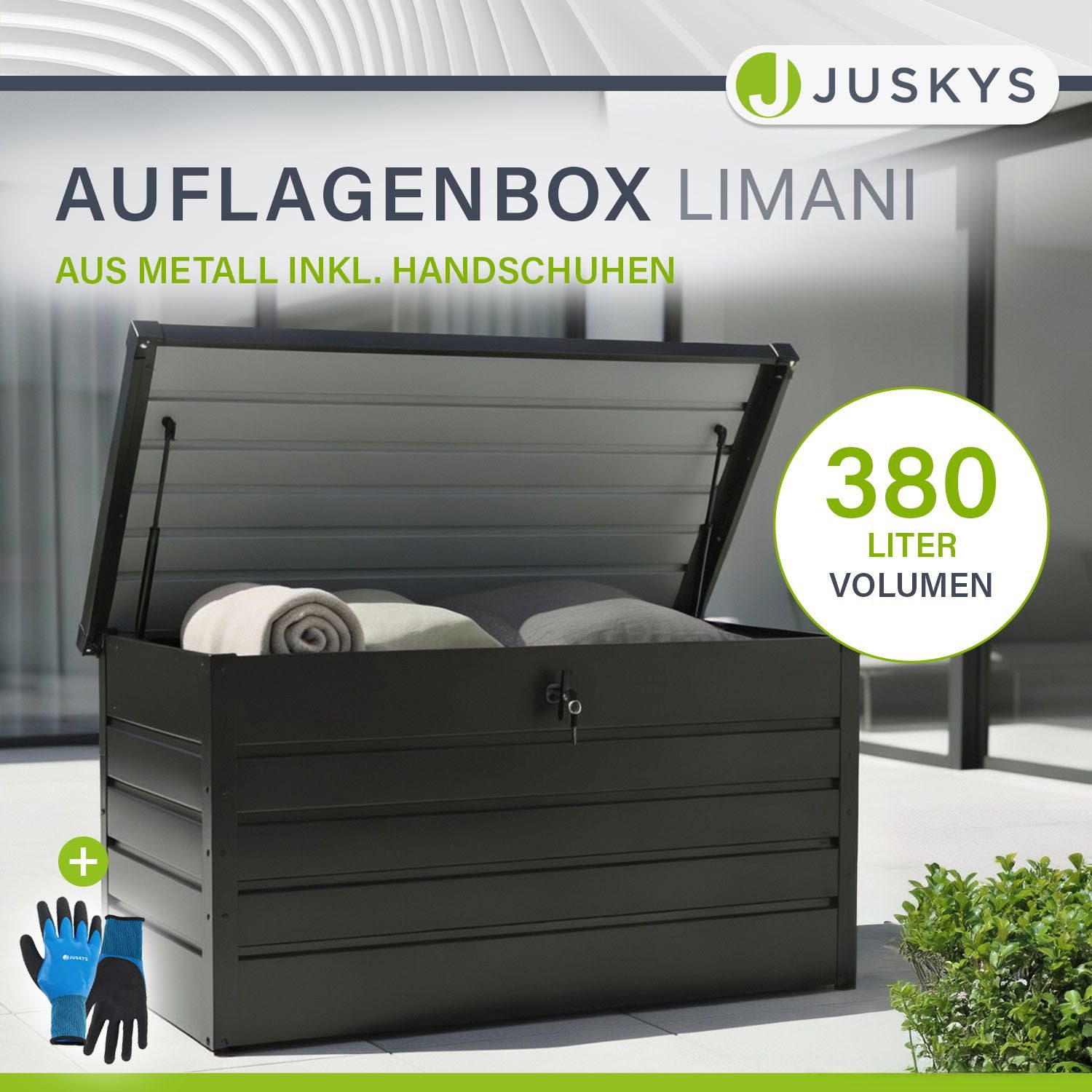 Juskys Gartenbox Limani, einfacher Aufbau, zeitlose Optik, Hubautomatik-Deckel