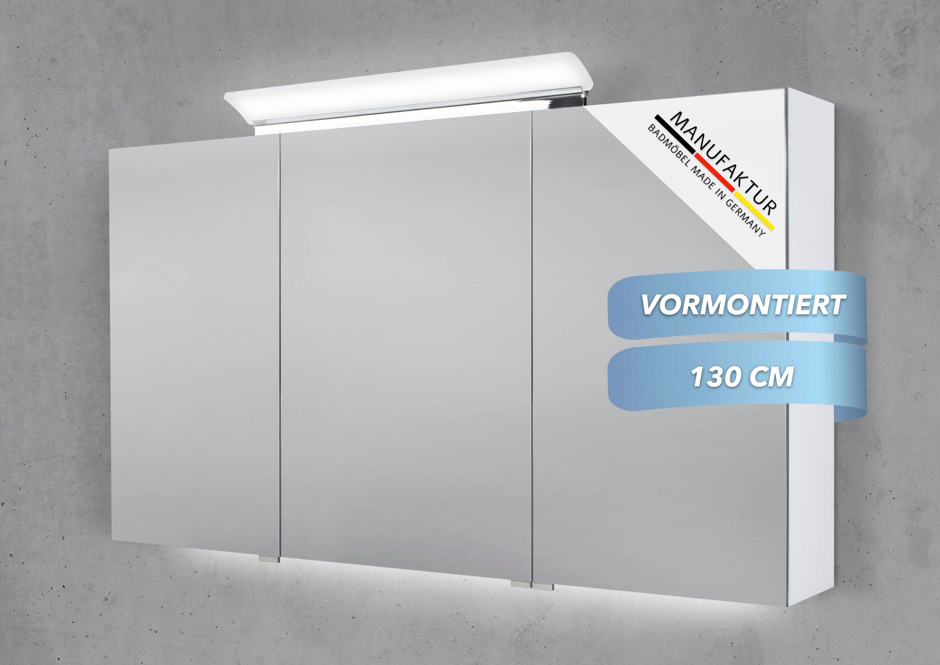 Intarbad Badezimmerspiegelschrank 3-türiger Spiegelschrank mit großflächiger MULTI LED Aufsatzleuchte (Doppelspiegeltüren, Holz-/ Lackdekore, Maße von 120 bis 140 cm wählbar, Höhe 70 cm, Glasfachböden, Magnetleiste & Kosmetikspiegel Ø 12 cm) dimmbar, Vormontierte Lieferung, 160 kg Traglast, Made in Germany