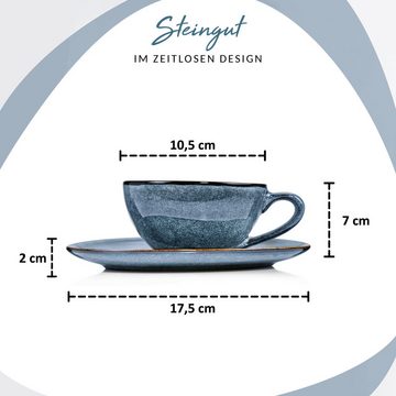 SÄNGER Kaffeeservice Darwin Kaffeetassen Set (8-tlg), 4 Personen, Steingut, Handmade, 300 ml, Blau