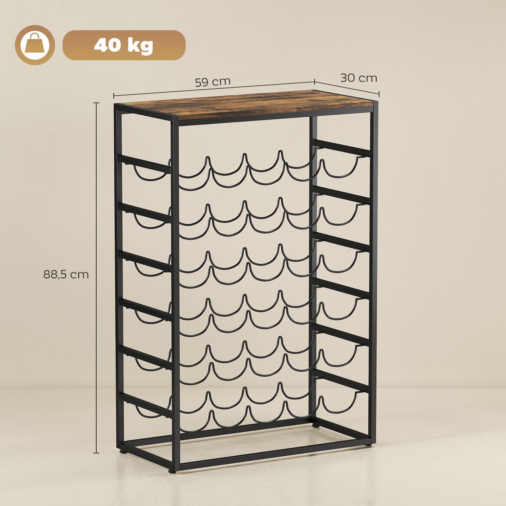 HOMCOM Weinregal Flaschenregal Weinflaschenhalter für 30 Flaschen aus Metall, freistehender Flaschenhalter 1-tlg., für Keller, Lagerraum, 59 x 30 x 88,5 cm Rustikal-Braun