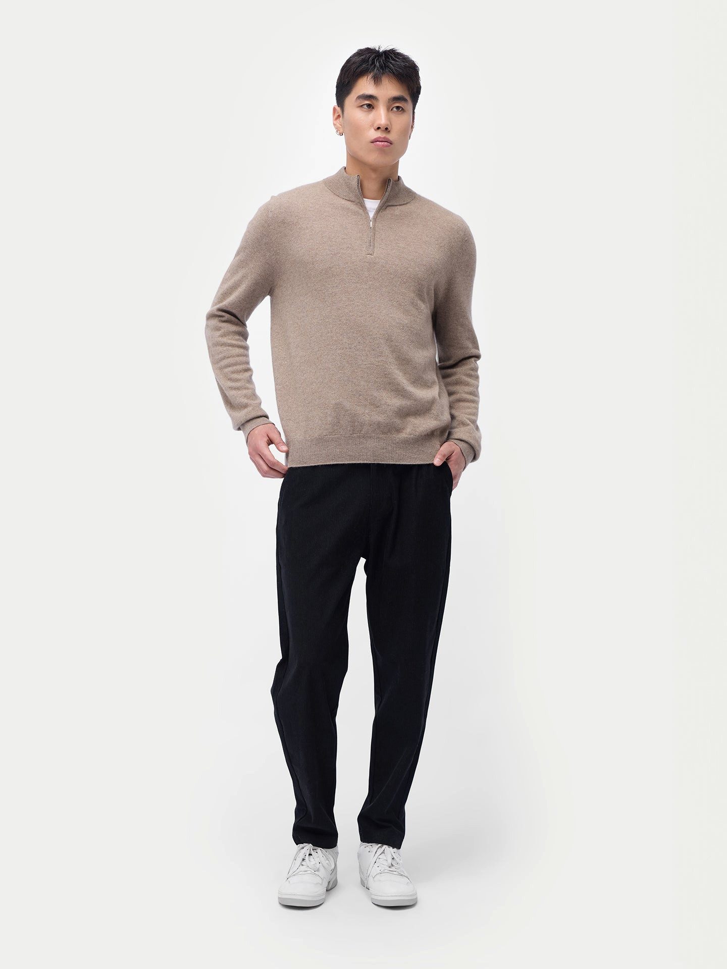 GOBI Cashmere Polokragenpullover Naturfarbe Kaschmir-Pullover mit halbem Reißverschluss