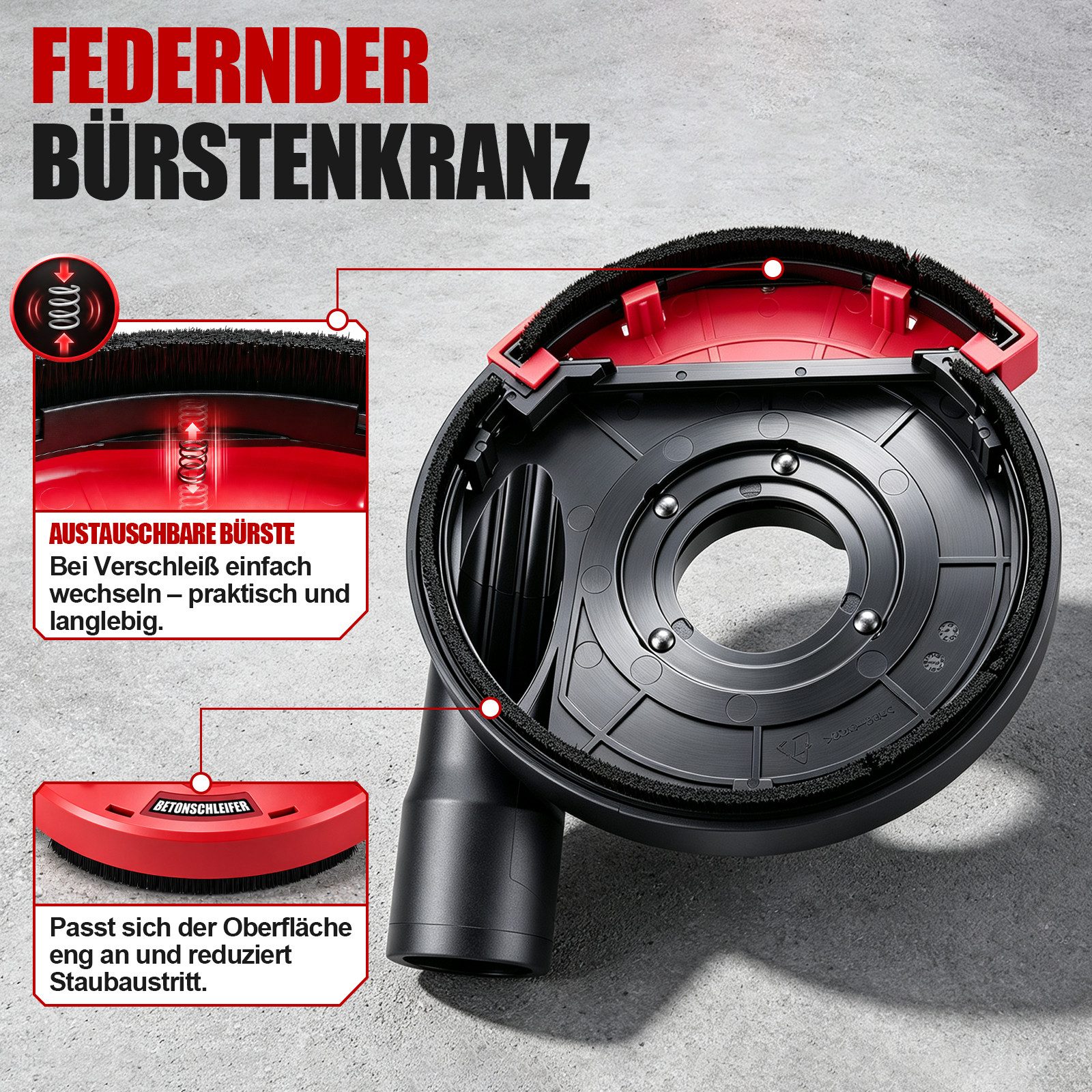 XERSEK Winkelschleifer 3× Diamant Schleiftopf 125mm mit Absaughaube & 4 Adapterring für Beton, (Set, 10 tlg., Staubschutzhaube Set mit Bürstenkranz), für Beton, – Bild 4 von 5