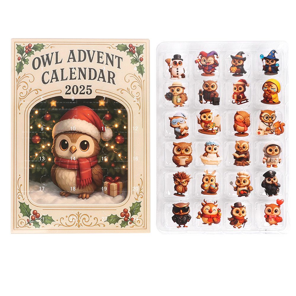 CLTYQ Adventskalender Eulen-Adventskalender 2025,24tägiger Weihnachtskalender Flaches Muster, 24 Geschenke mit Mini-Eulenfiguren, Eulen-Überraschungsanhänger