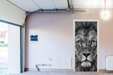 MuchoWow Türtapete Tiere - Löwe - Schwarz - Weiß - Porträt, Matt, bedruckt, (1 St), Fototapete für Tür, Türaufkleber, 75x205 cm