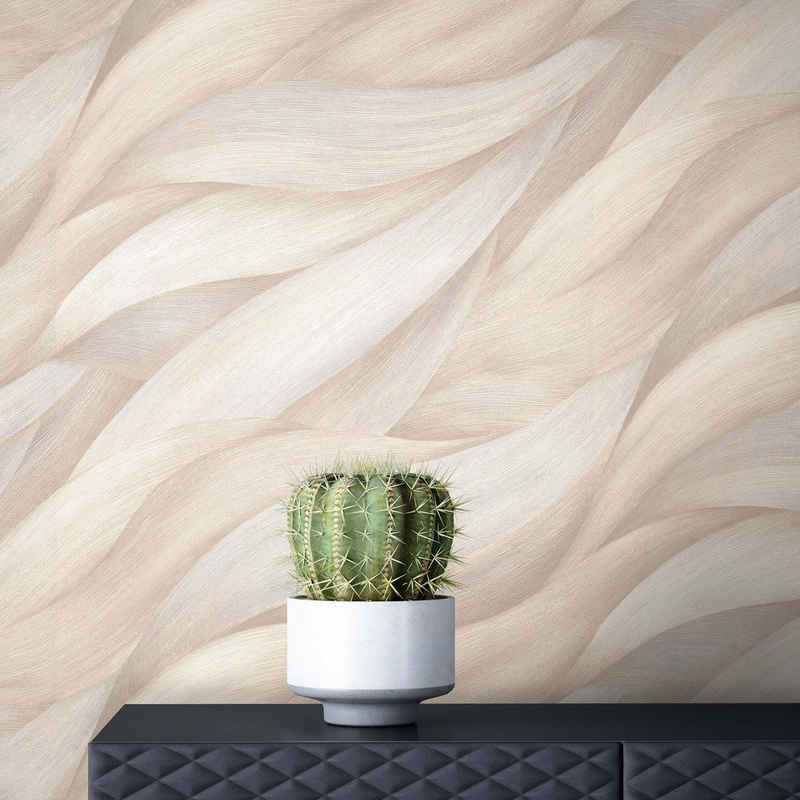 Newroom Vliestapete, Beige Tapete Modern Blätter - Mustertapete Taupe Natur Abstrakt Wellen Muster für Wohnzimmer Schlafzimmer Küche