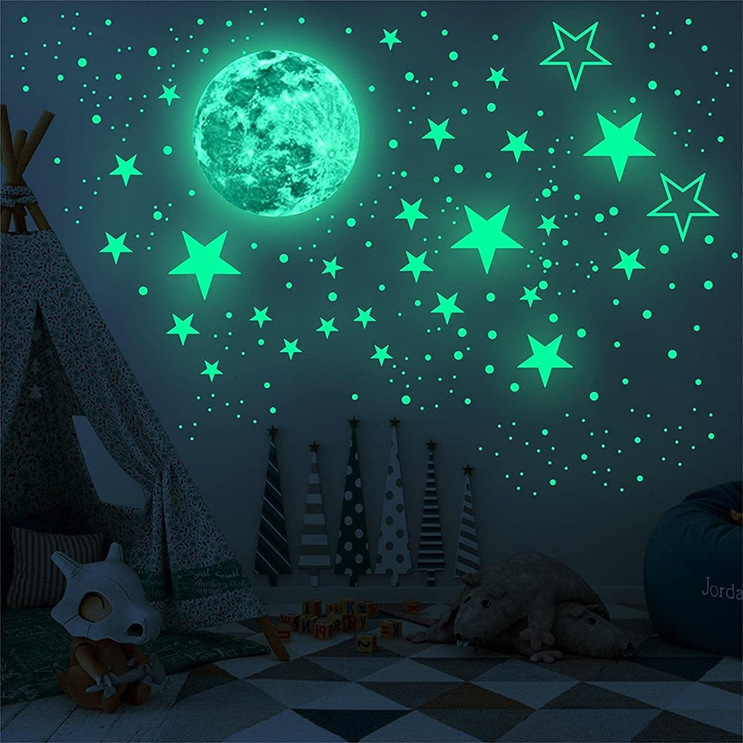 MOPUEA Wandsticker Glühende Wandaufkleber 437 Stück mit leuchtenden Sternen (Wandaufkleber Set leuchtende Sterne Mond Nacht Himmel, Set mit Mond Sternen und leuchtenden Punkten für Wanddeko), Leuchtet im Dunkeln selbstklebend einfach anzubringen