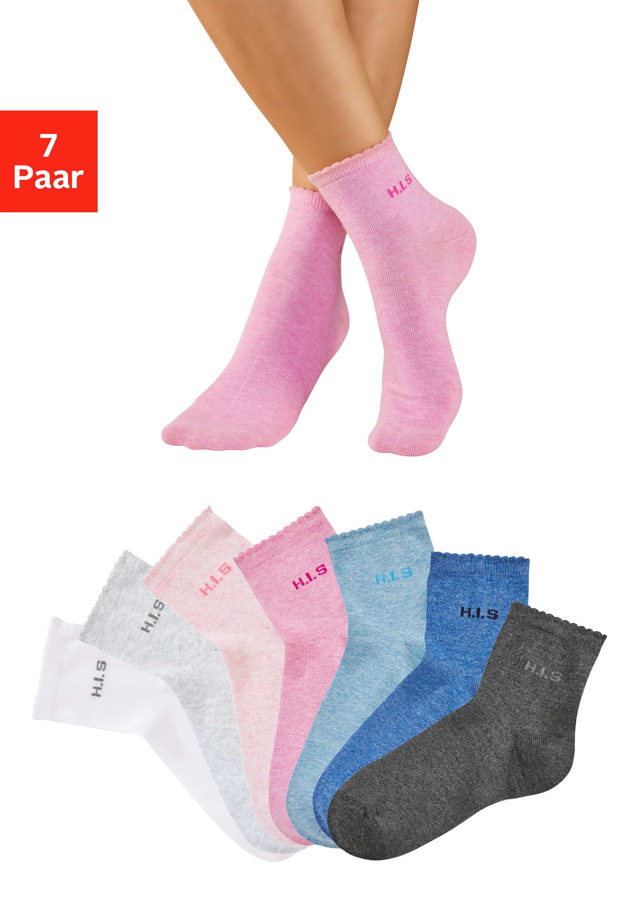 H.I.S Kurzsocken Damen uni und meliert für die ganze Woche (Packung, 7-Paar, Gr. 35-38 bis 39-42) mit gewelltem Bündchen