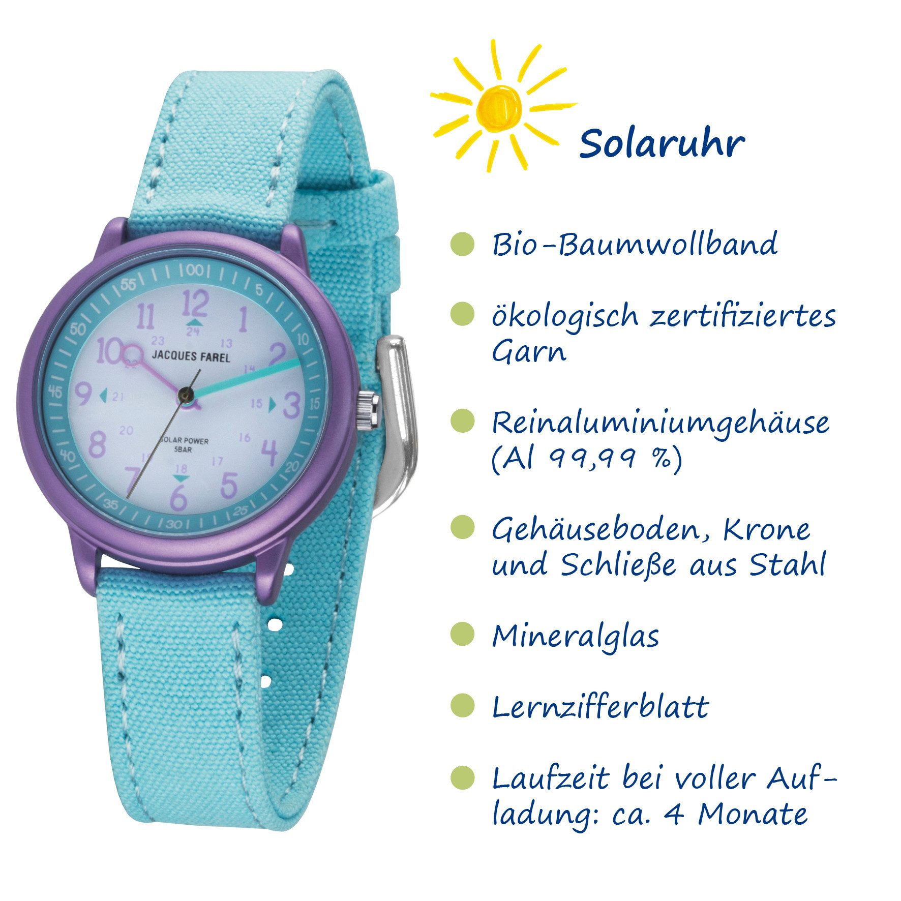 Jacques Farel Solaruhr ORSO Kinder Armbanduhr Solar Baumwollband, analog nachhaltig Geschenkidee Einschulung Kids Ø 30 mm