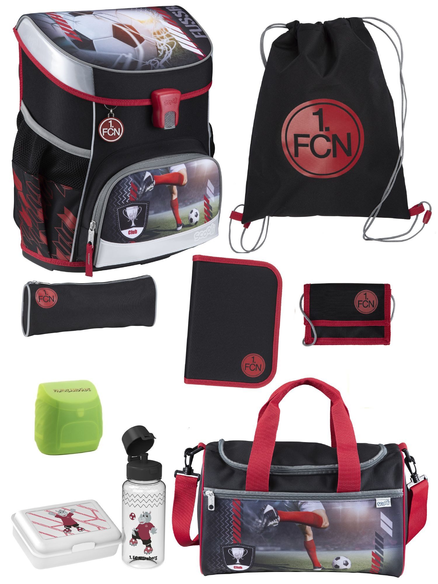 Scooli Schulranzen Campus Fit Fussball Schultasche 1. FC Nürnberg FCN Club Ranzen (Set, 9-tlg., mit Lunch-Set und Regenschutz), mit Brustgurt, 980 Gramm leicht, limited Edition