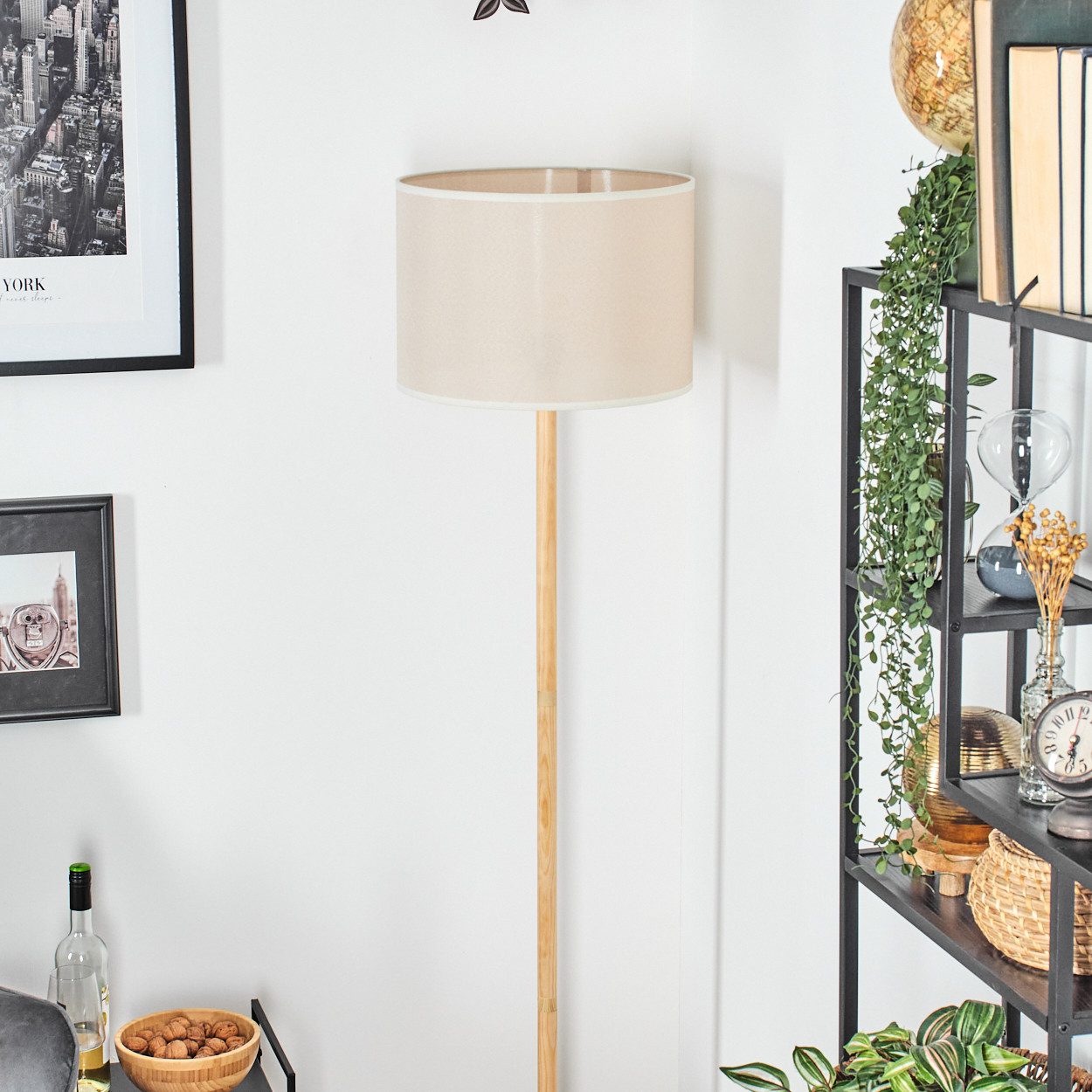 hofstein Stehlampe Stehlampe mit Holzfuß und Schirm aus Stoff, ohne Leuchtm günstig online kaufen