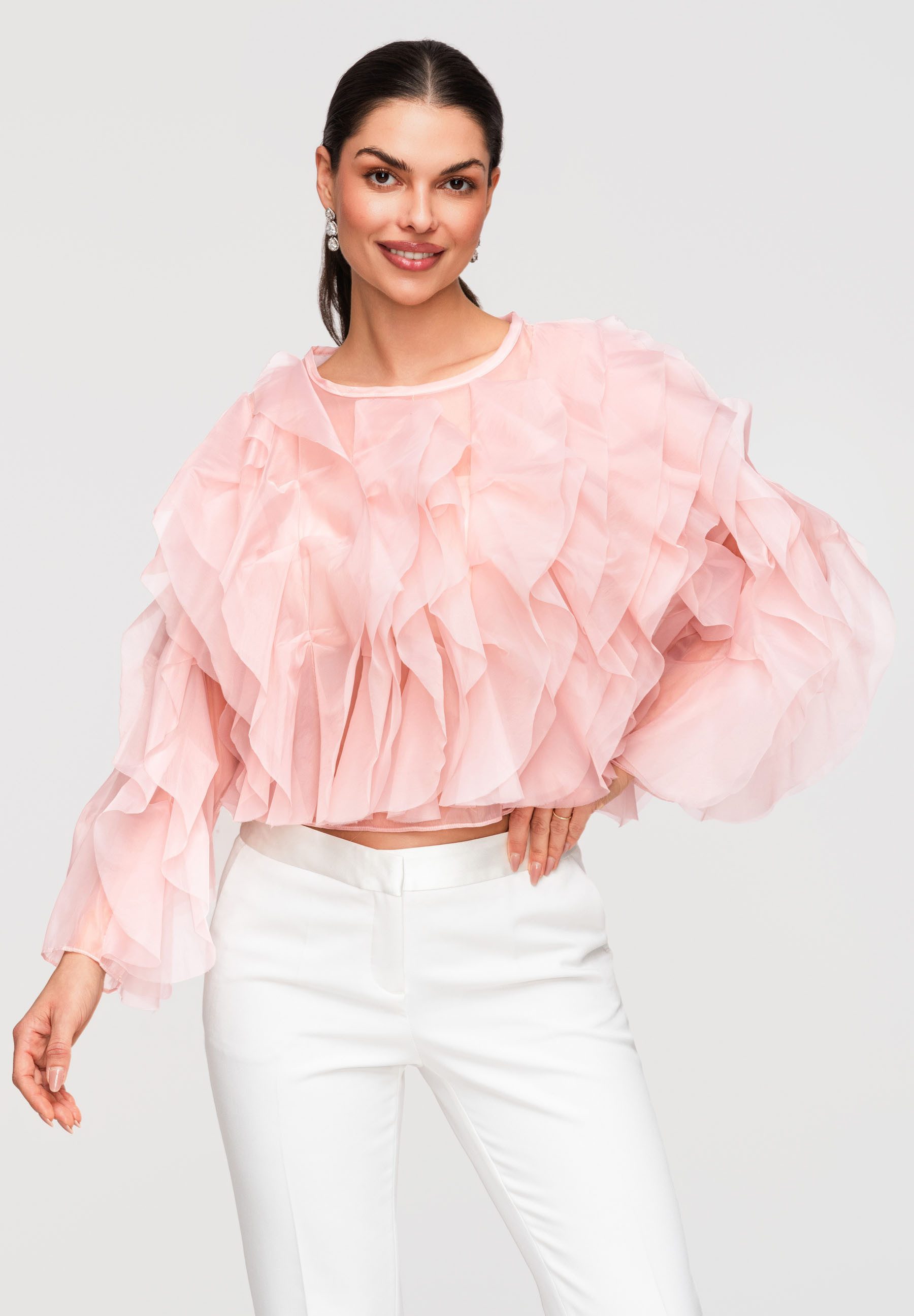 OMBRE Langarmbluse Damen Chiffon Bluse mit Volantärmeln Elegant Rose M/L (kein Set, 1-tlg) Mehrlagige Rüschen