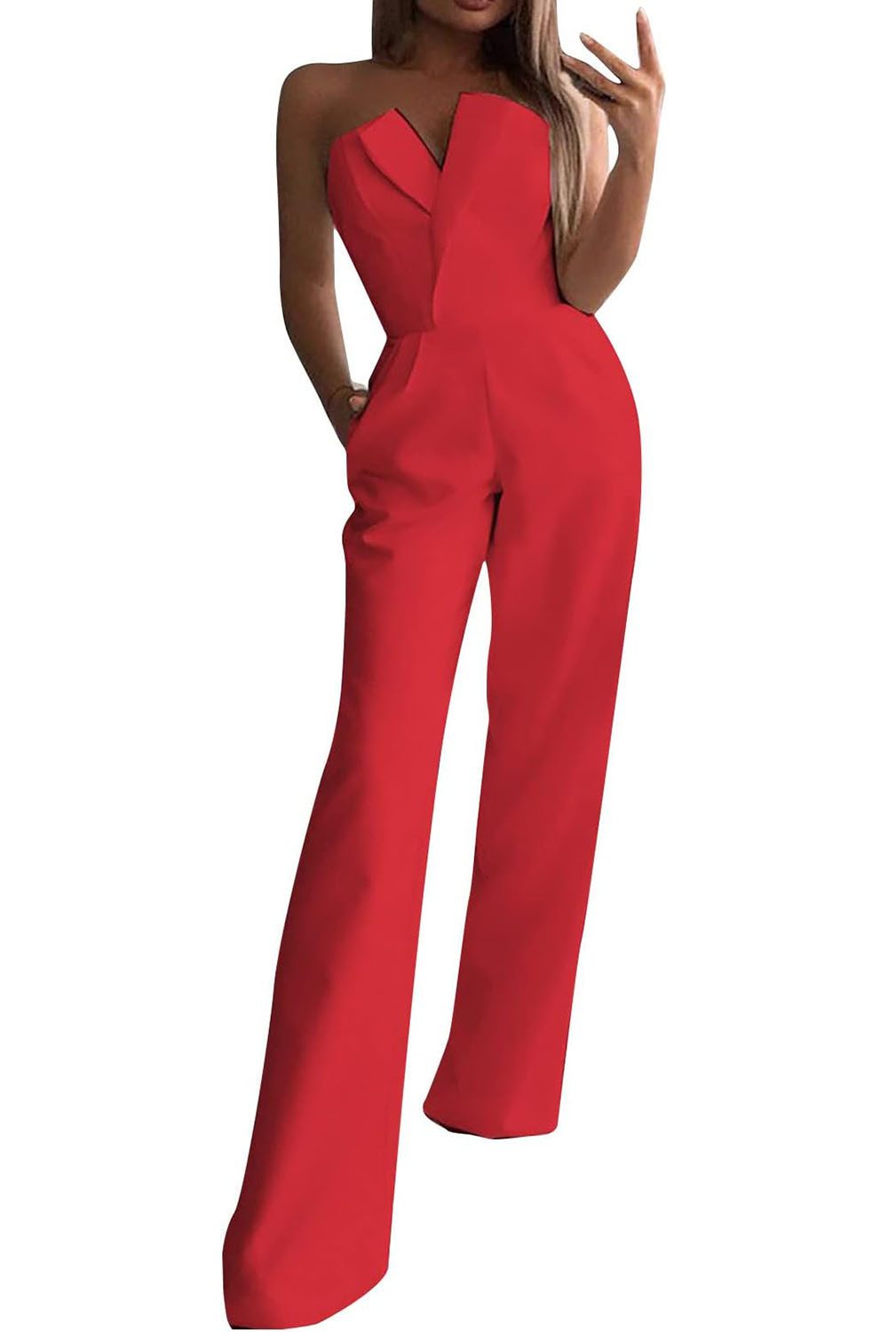 B.X Jumpsuit Strampler,jumpsuit damen,weitem Bein,Overall,schulterfrei,hohe Taille Seitenschlitz,Overall mit Taschen,Große Größe,Lange Hose,lässig