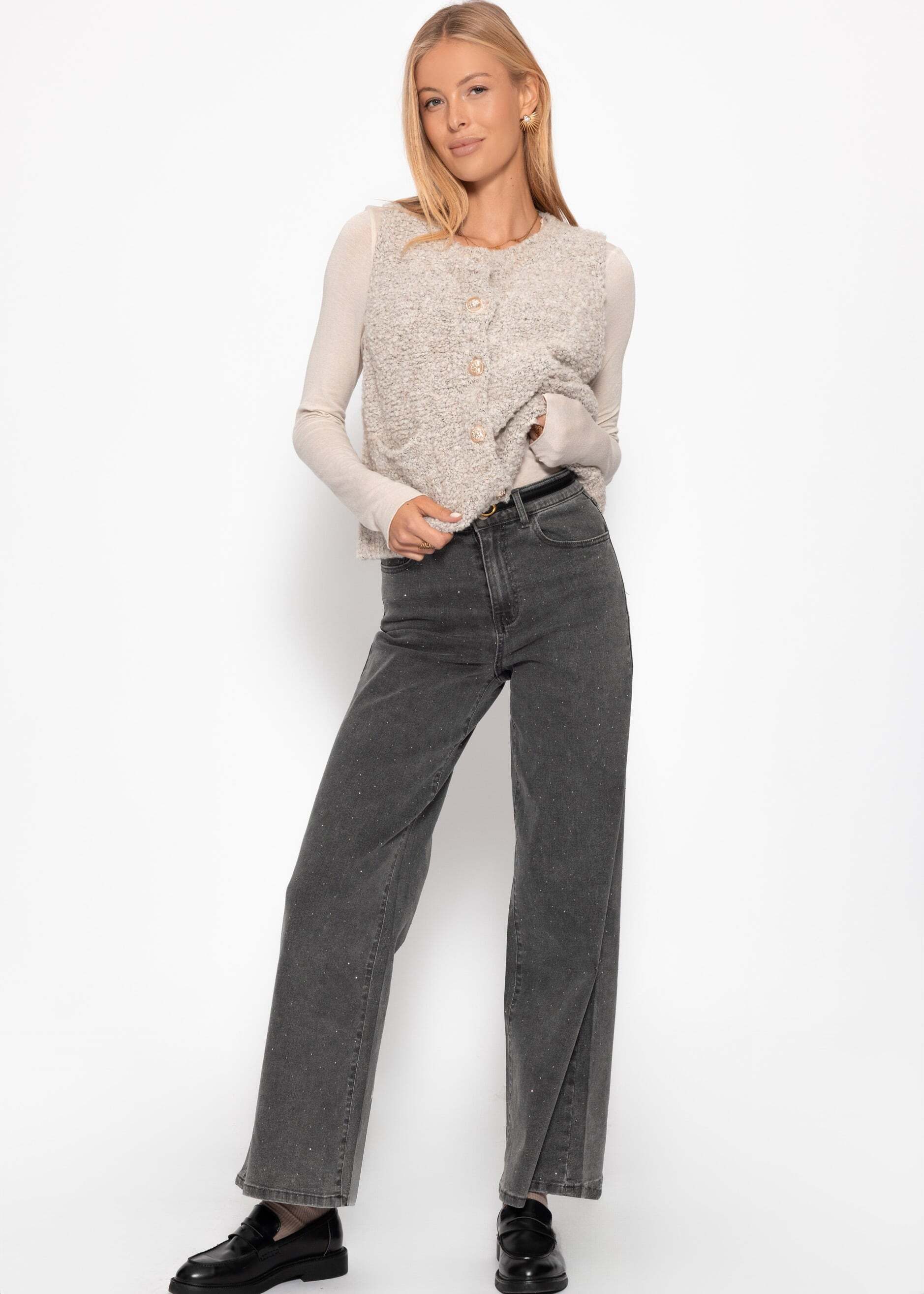 SASSYCLASSY Kurzweste Bouclé-Weste mit aufgesetzten Taschen für Damen Weiche Weste mit goldfarbenen Knöpfen Greige Rosa Schwarz Braun