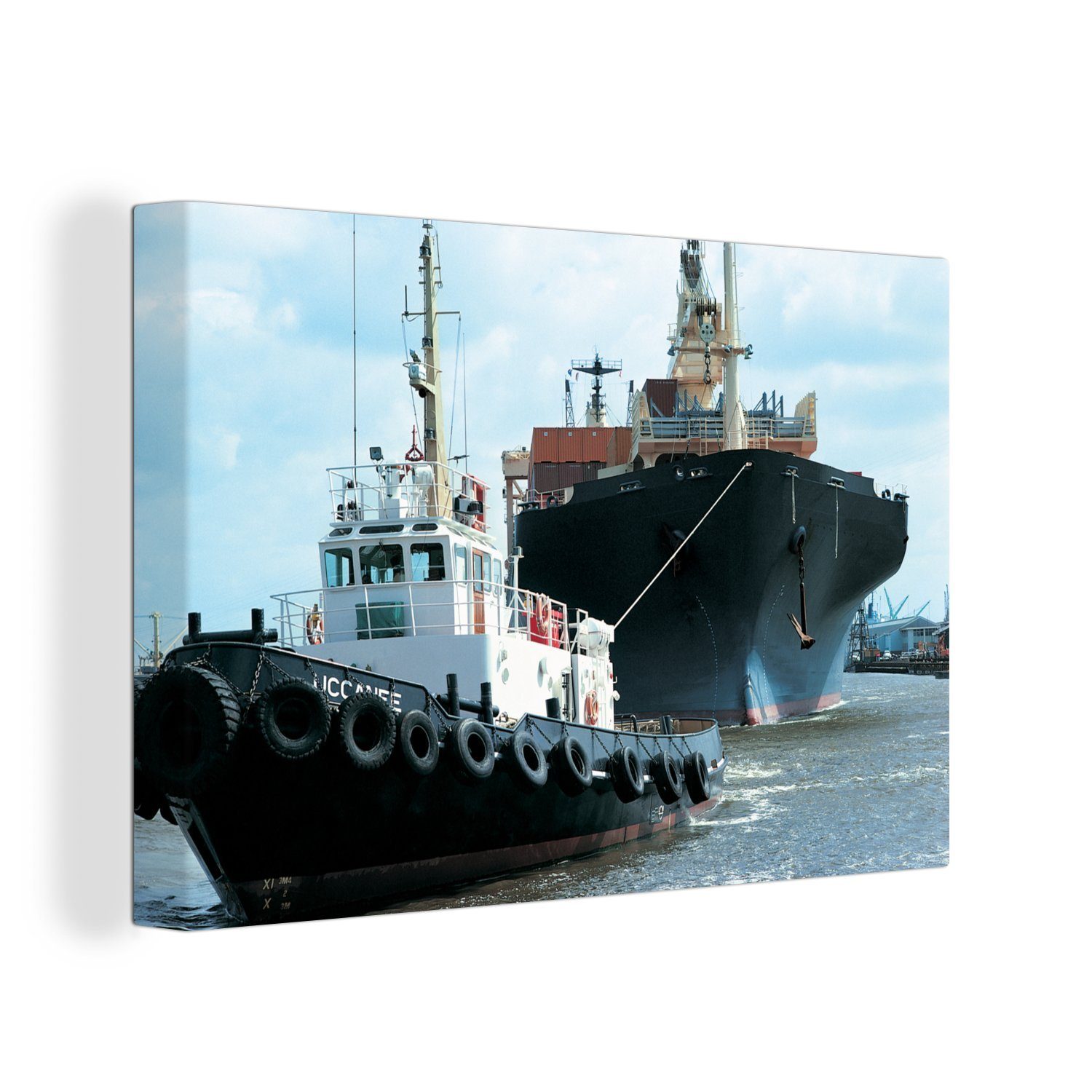 OneMillionCanvasses® Leinwandbild Schlepper schleppt Containerschiff, (1 St), Wandbild Leinwandbilder, Aufhängefertig, Wanddeko, 30x20 cm