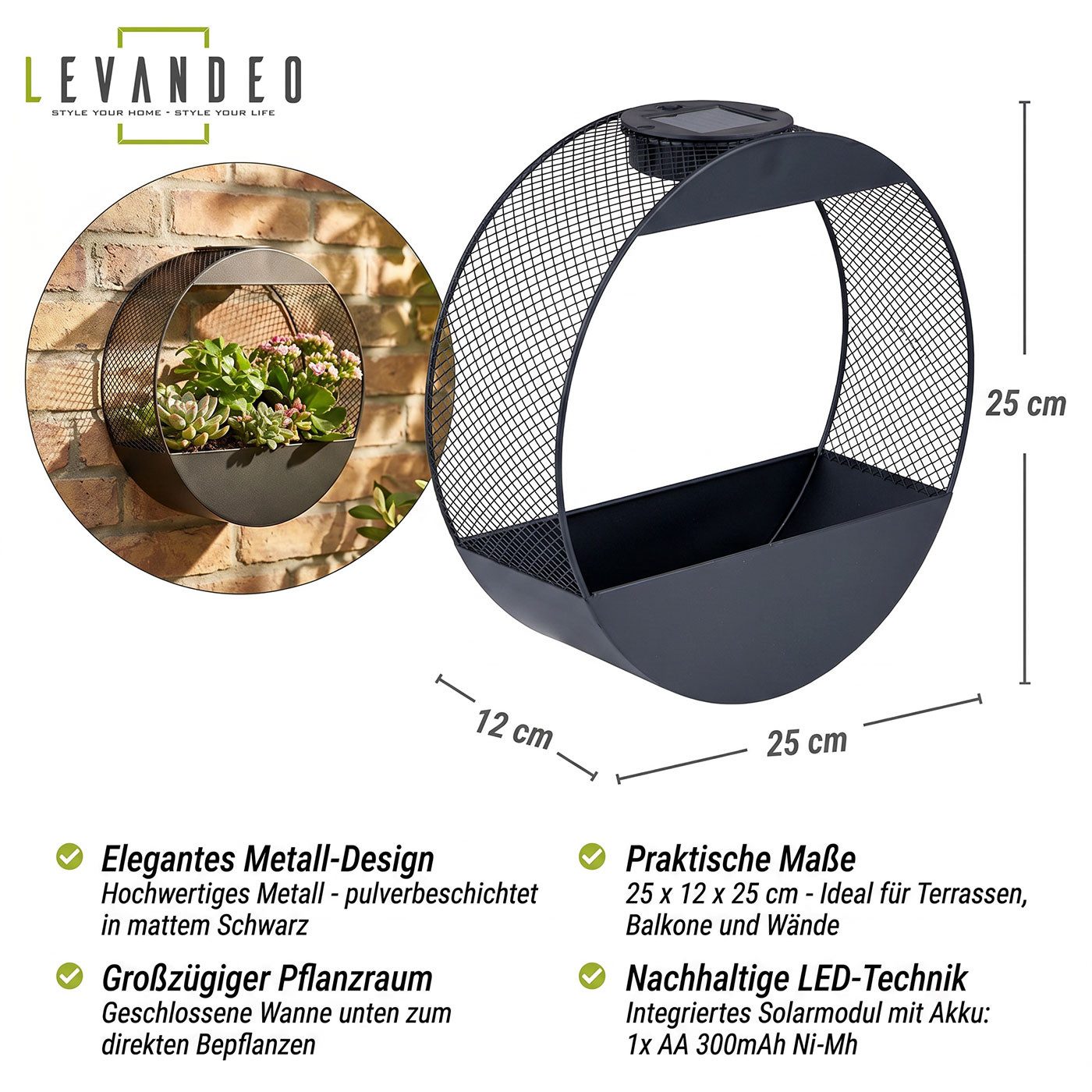 Levandeo® LED Solarleuchte Solar Wandlampe Blumentopf Metall Schwarz - LED Gartenleuchte Industri, warmweiß