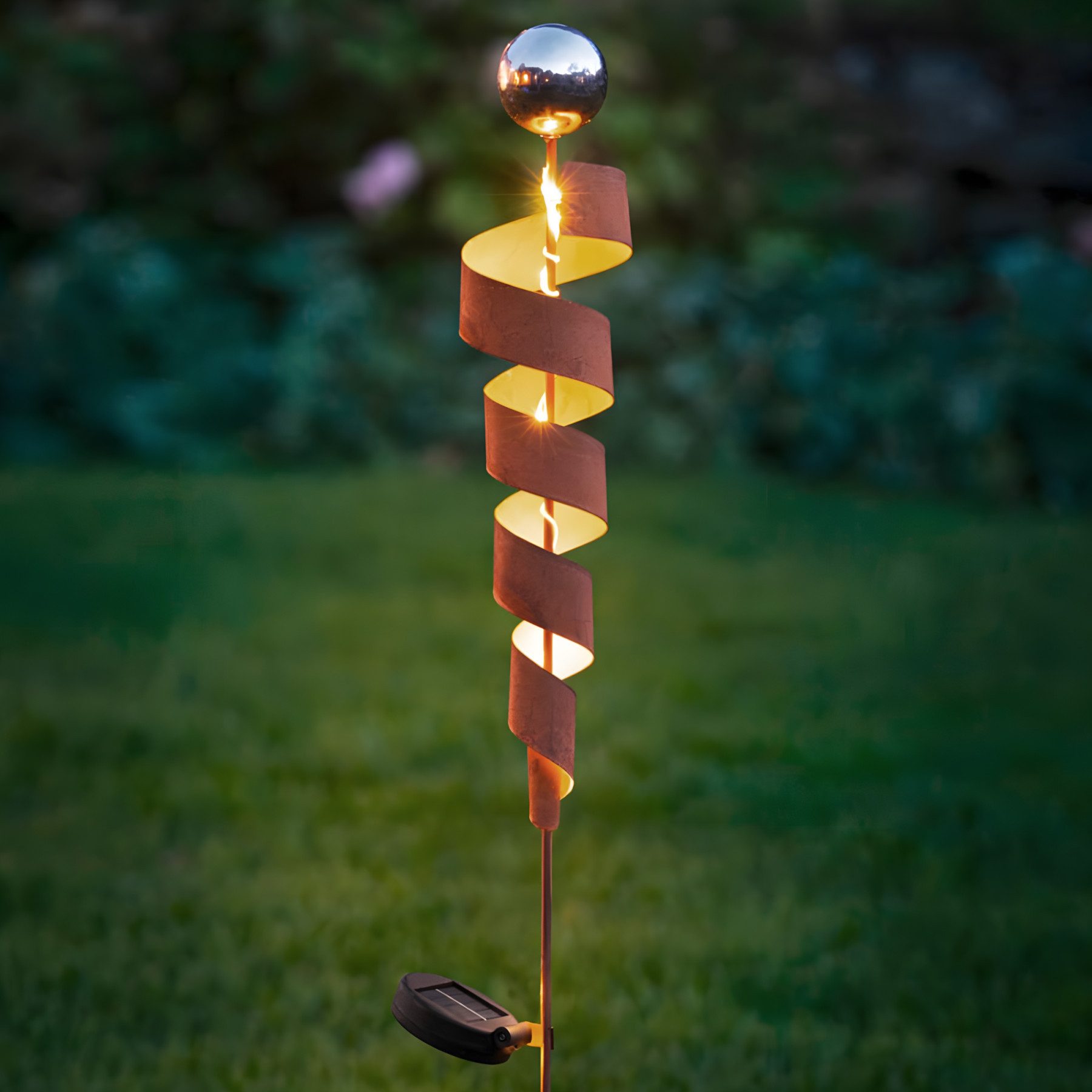 Frank Flechtwaren Gartenstecker "Spirale" Metall, Edelrost, Solar LED Roststecker 102 cm, Dekostecker Outdoor Gartendeko wetterfest für Draußen mit Rost Optik