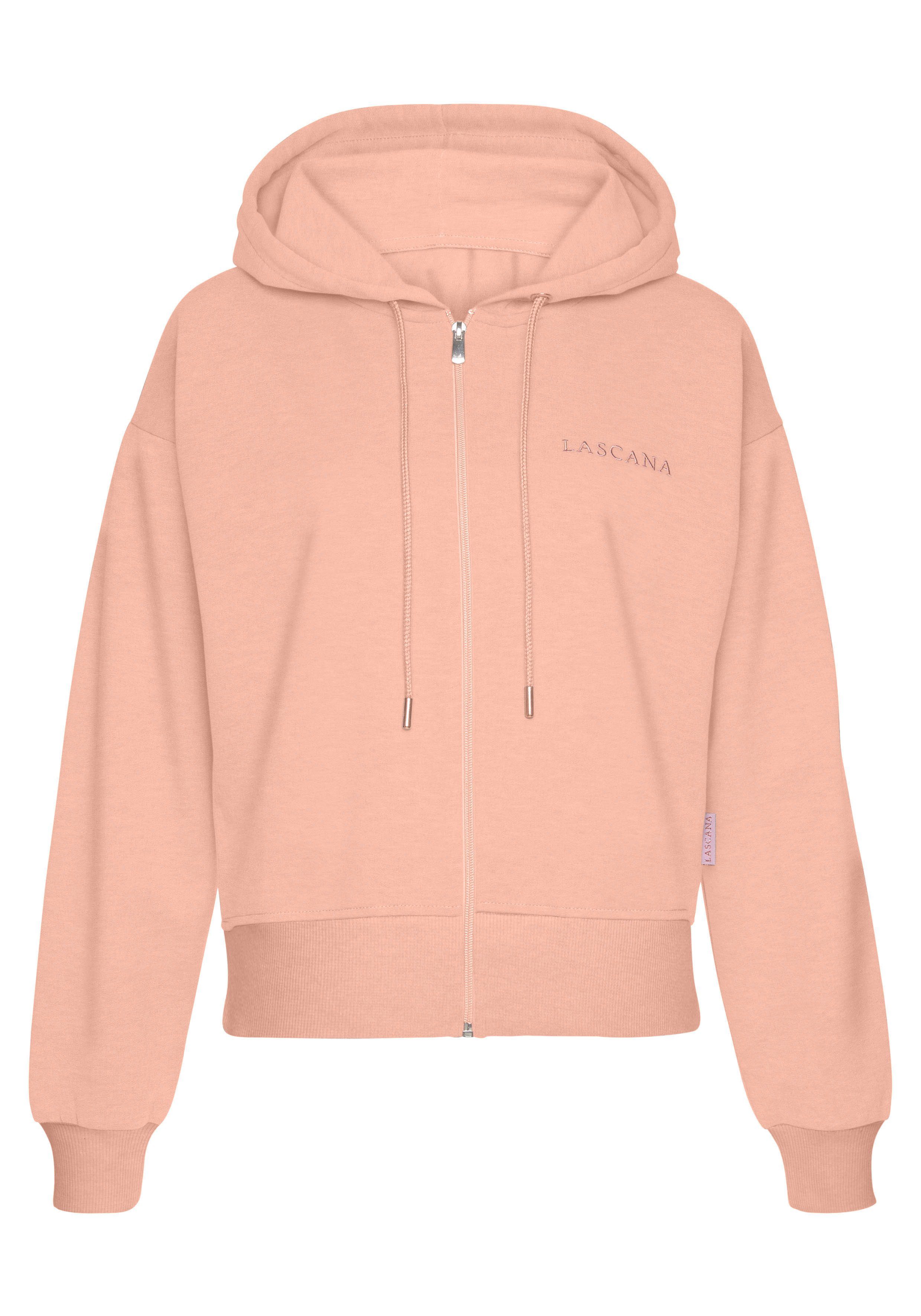 LASCANA pfirsich mit kupferfarbenen und Logostickerei, Kapuzensweatjacke Reißverschluss Loungeanzug Homewear