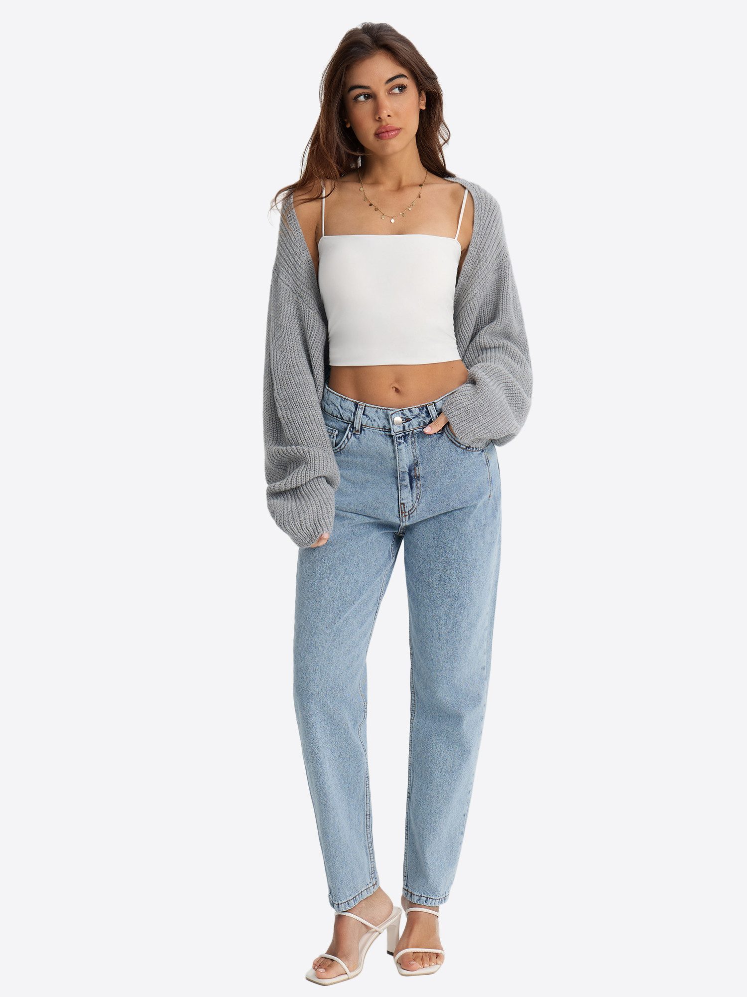 Imily Bela Bolero Damen Cropped Strick Langarm mit Ballonärmeln Offene Kurze Strickjacke (Packung, 1-tlg., 1per-Pack) gehäkelt in Unifarbe