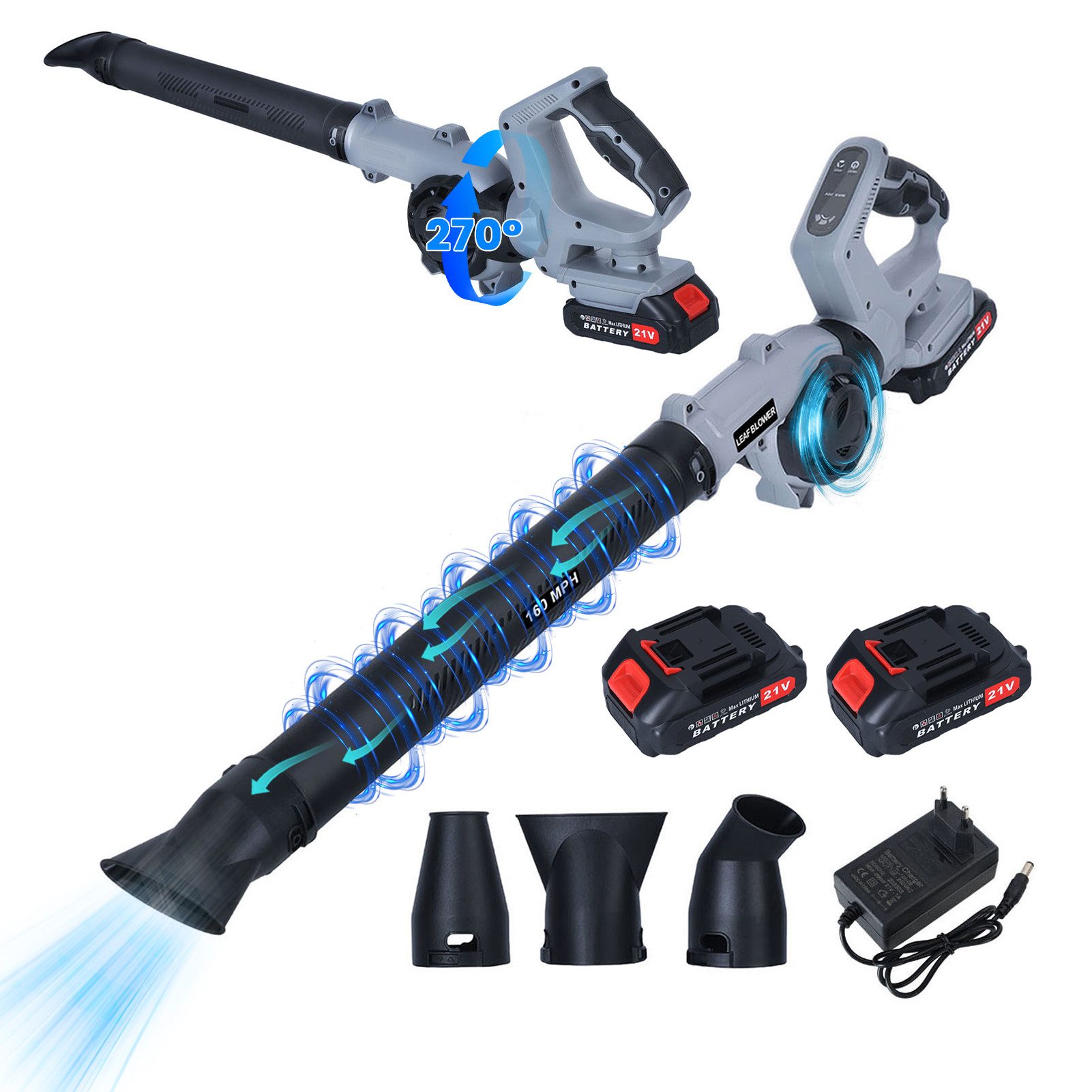 Rutaqian Akku-Laubbläser 21-V-Akku-Laubbläser mit 3-stufiger Geschwindigkeitsregelung, Elektrischer Laubbläser mit 2 Akkus und Ladegerät für die Rasenpflege