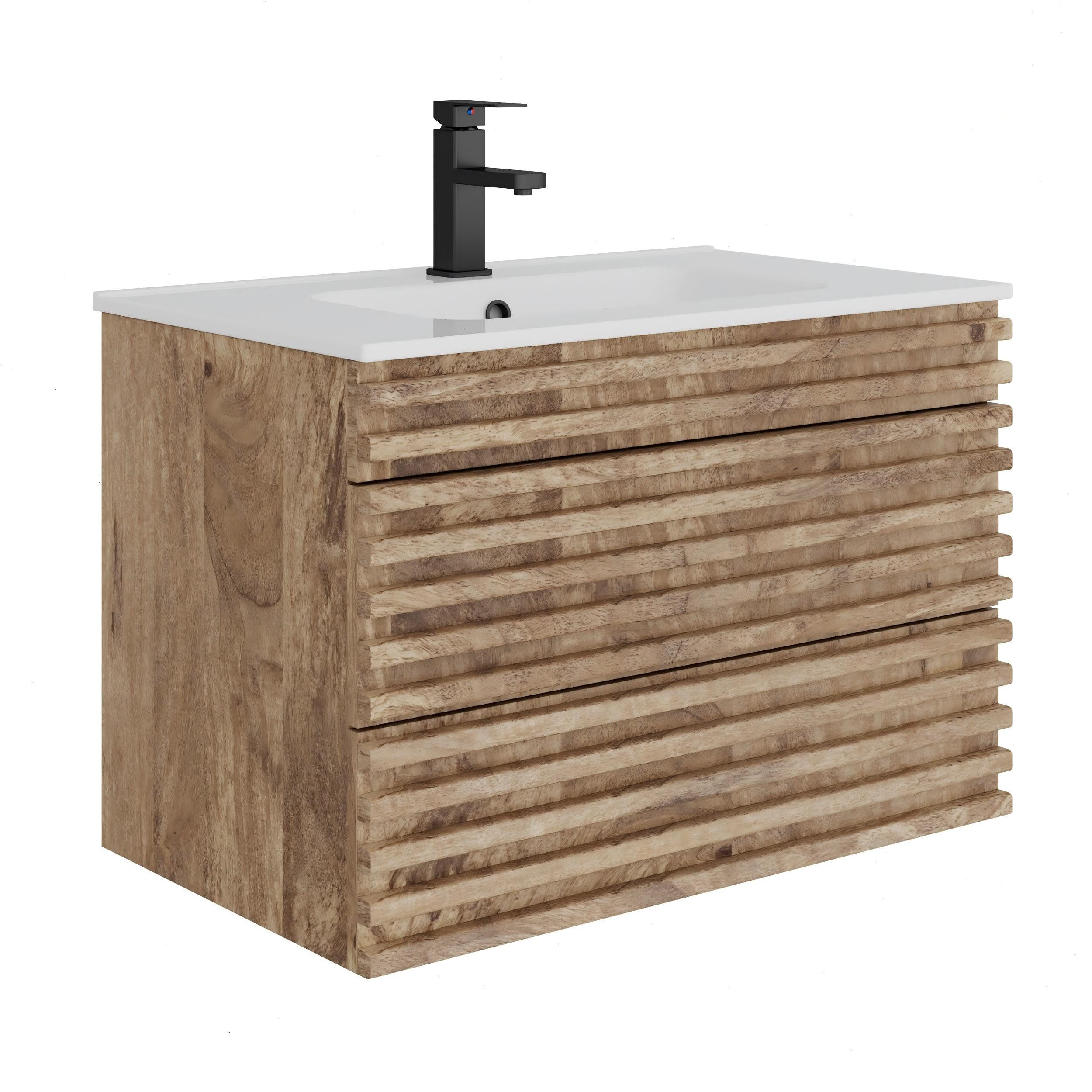 UEV Waschtisch mit Unterschrank, natur, 60cm/75cm/90cm hängend, Badezimmerschrank (Waschtischunterschrank, Badmöbel für Gäste WC, Natur, mit Wasserhahn und Pop-up-Ablassventil), Soft-Close-System, Unterschranke fürs Bad,Waschplatz