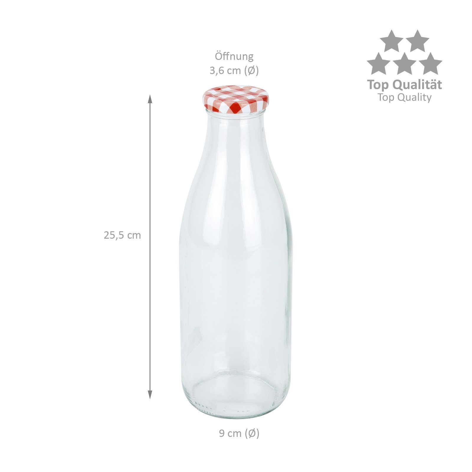 Wellgro Vorratsglas 1 Liter Glas Flasche mit Schraubdeckel - 9 x 25,5 cm  (xH) - klar - rot karierter Deckel, Milchflasche, Milchkanne, Glasflasche,  (6-tlg)