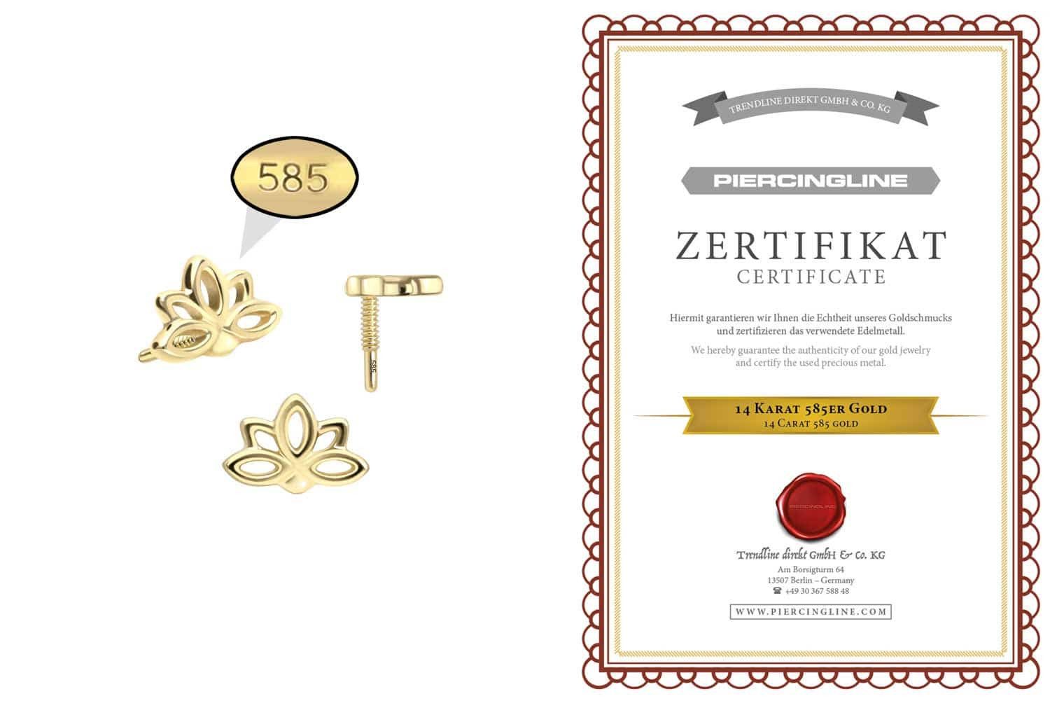 PIERCINGLINE Piercing-Set 14 Karat Gold Schraubaufsatz mit Außengewinde LOTUSBLÜTE (Schraub-Aufsätze, 1-tlg)