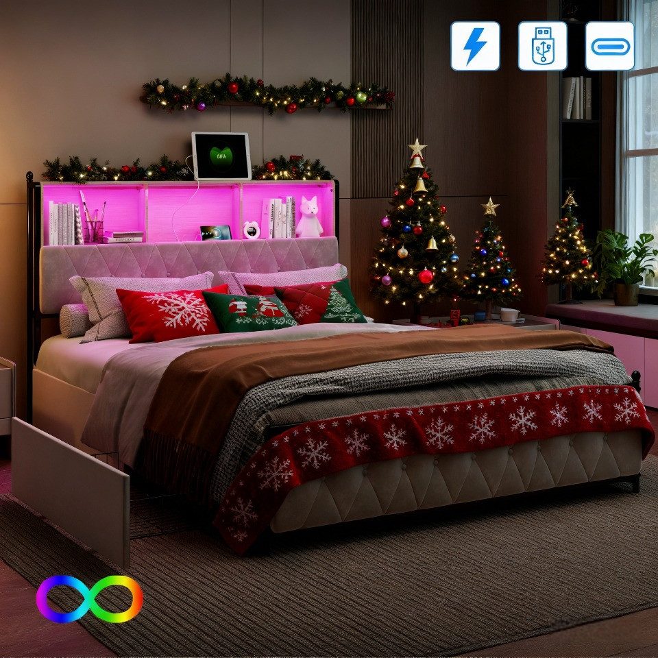 Furnishings Home Polsterbett Stauraumbett Doppelbett LED (1 tlg, Mit Vier extra große Schubladen), Mit LED-Beleuchtung, USB & TYPE-C Anschlüsse, Samt, 180x200 cm