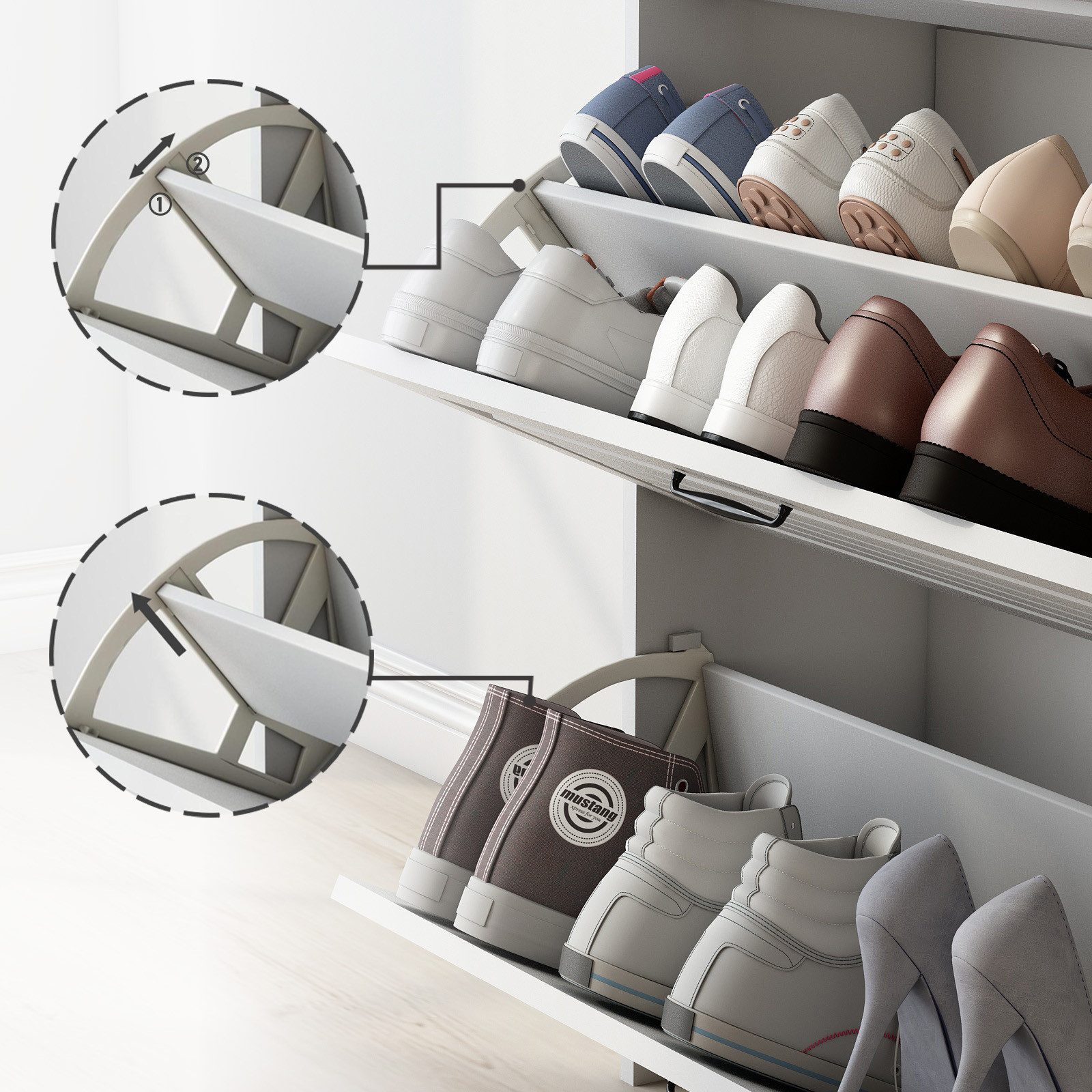 Merax Schuhkipper Schuhschrank mit 3 Klappen und 2 Schubladen, Schmal Schuhregal (1 St), Schuhkommode mit schubladen, Schuhregal Landhaus – Bild 5 von 5