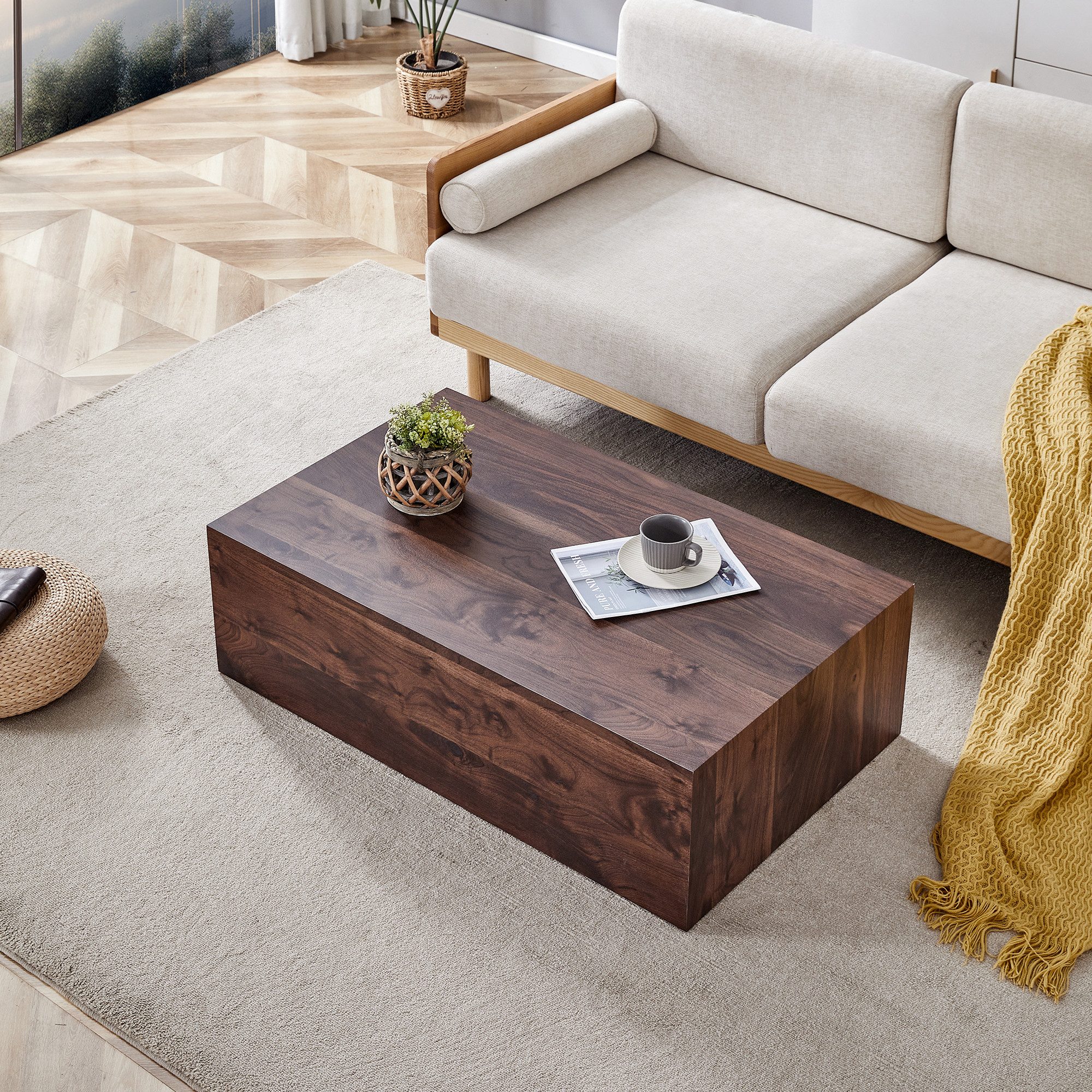 HAUSS SPOLE Couchtisch Rechteckdesign Silikonfüßen,Wohnzimmertisch Sofatisch in Nussbaumholz