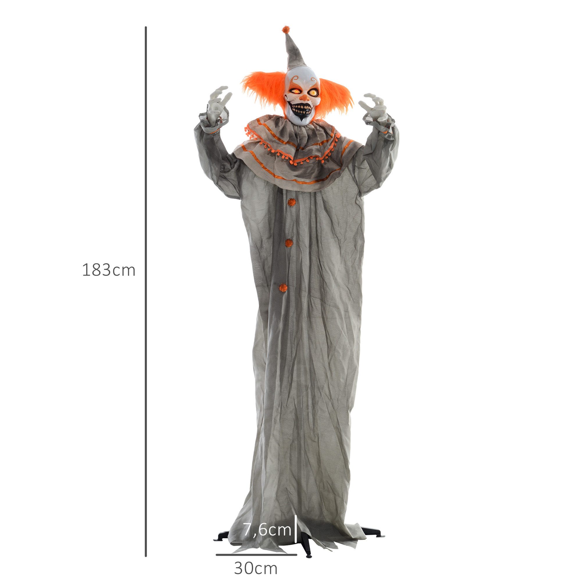 HOMCOM Dekofigur 183cm Haustür Deko mit LED-Lichter, Soundfunktion und Garten Deko (Halloween Dekoration, 1 St., Stehender Clown), in Lebensgröße für Party, Ora – Bild 3 von 5