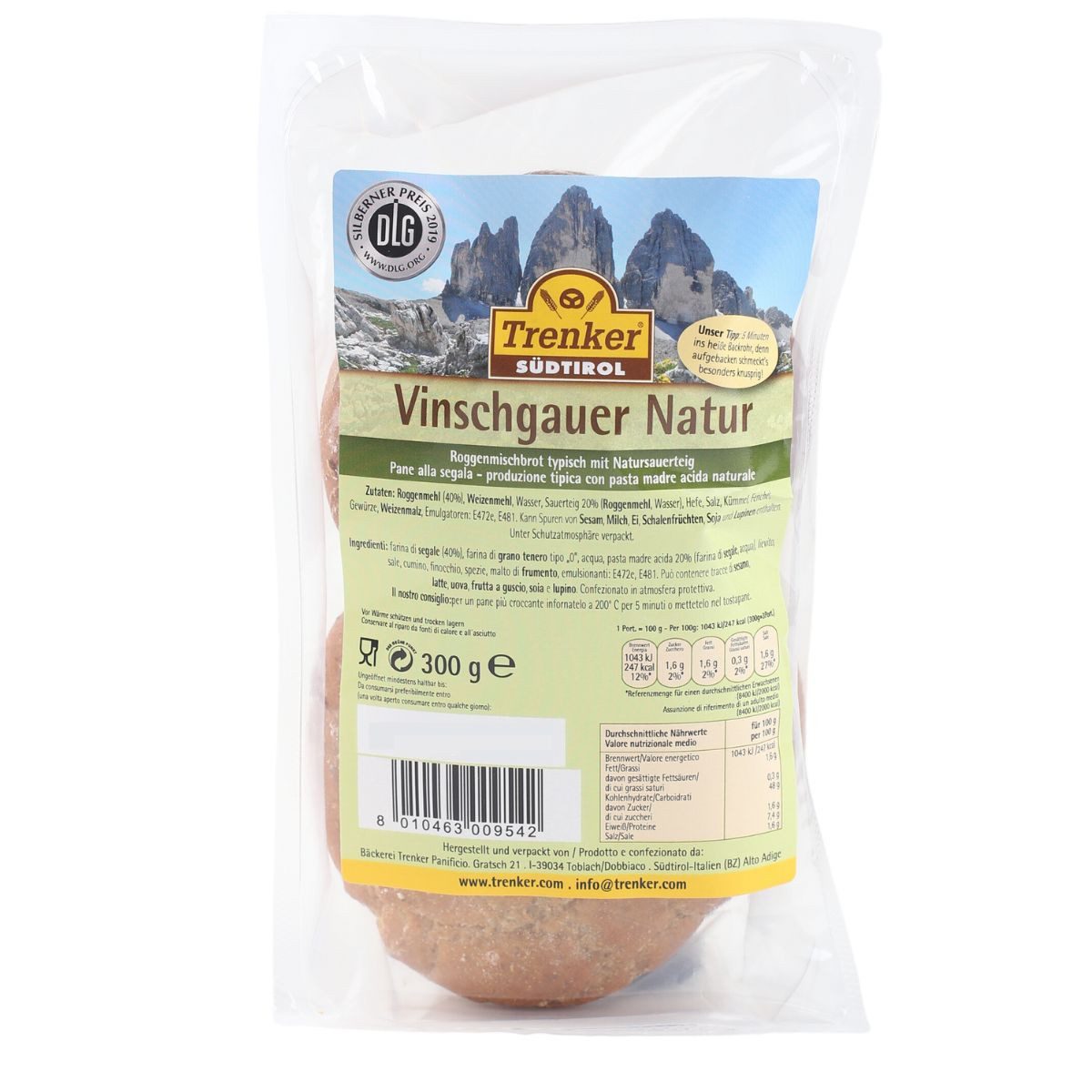 Trenker Brot Vinschgauer Natur, Roggenmisch-Fladenbrötchen zum Fertigbacken 300 g, 300 g
