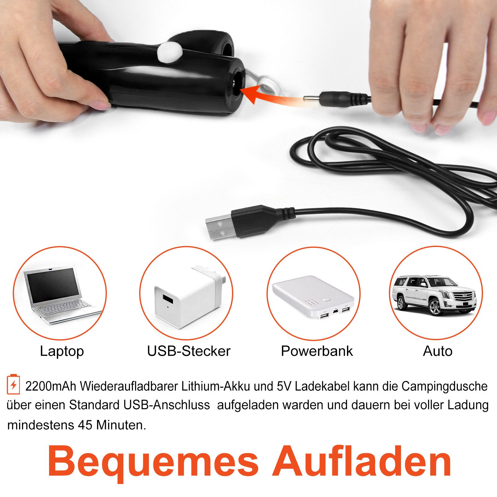 FIVMEN Gartendusche Akku Campingdusche Tauchpumpe Handbrause Aussendusche Camping Dusche (1 St), mit 2200mAh wiederaufladbarer Akku, USB-Ladekabel, für Camping, – Bild 4 von 5