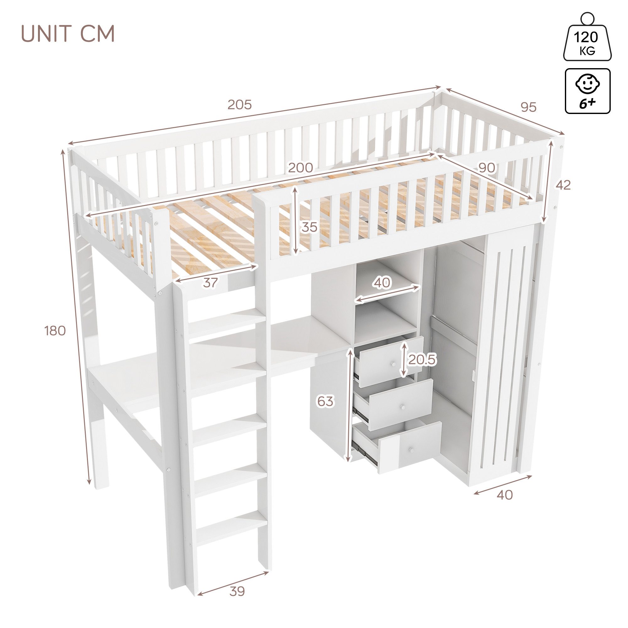 Ulife Hochbett mit Schreibtisch, Kleiderschrank, 3 günstig online kaufen