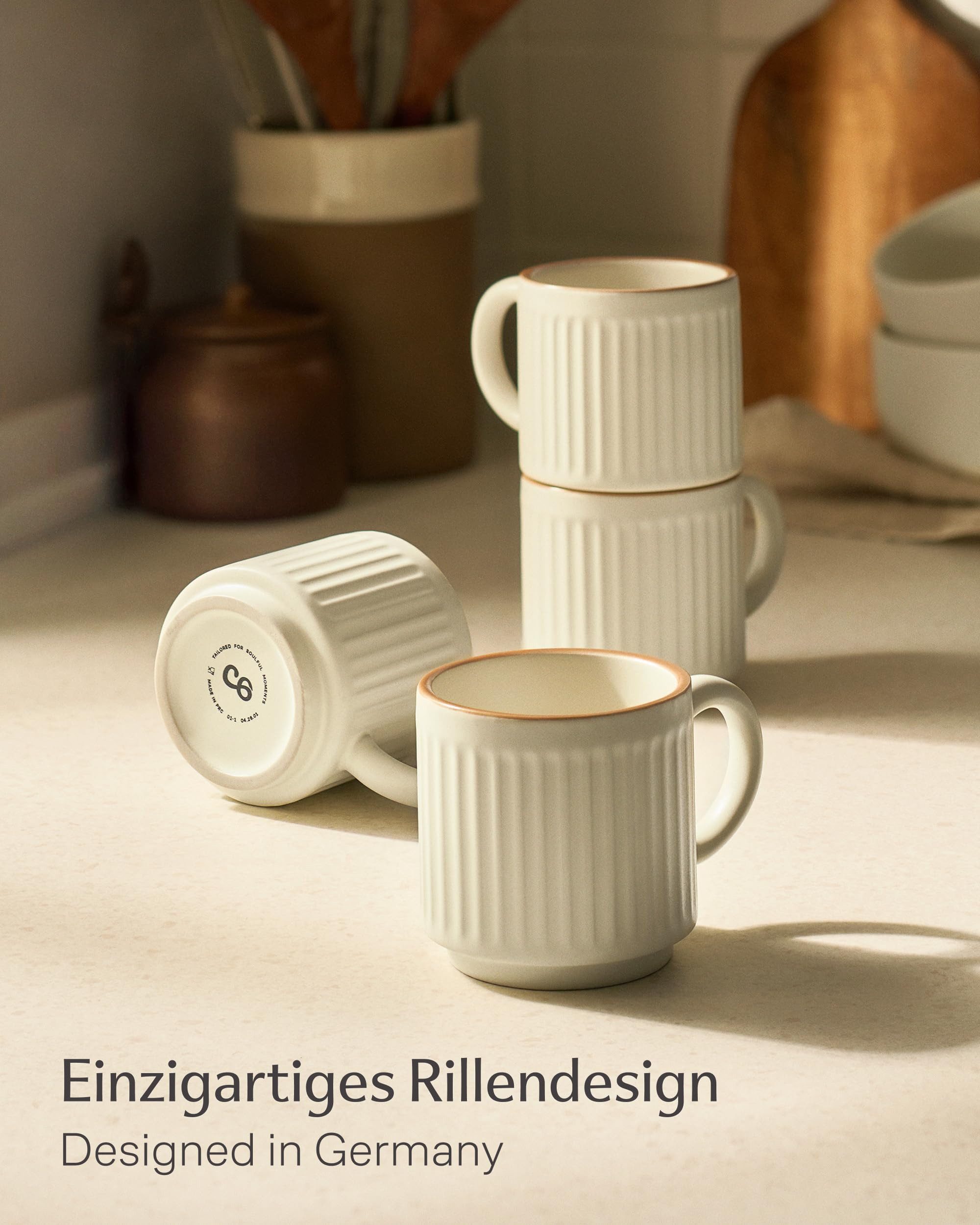 Cosumy Tasse Kaffeetassen Set 4 St. vertikal stapelbar Keramik - Rillenoptik, 4-tlg., Keramik, Vertikal stapelbar, platzsparend, dickwandige Keramik mit Rilleno – Bild 5 von 5