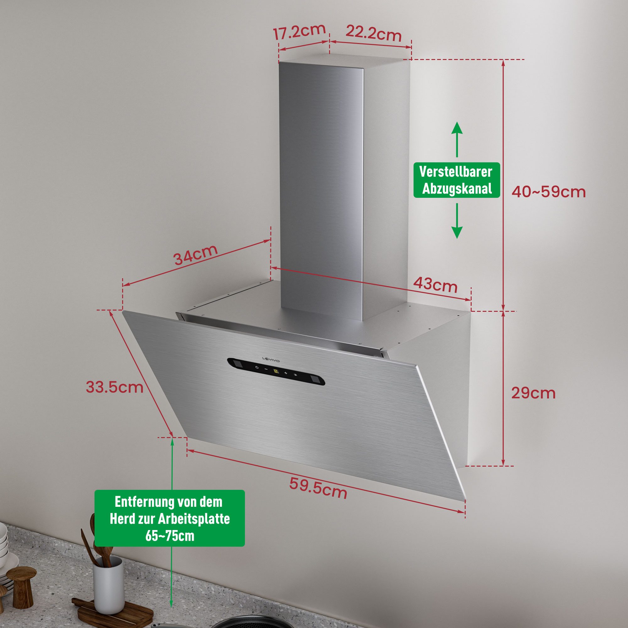Levivo Kopffreihaube A+++ 420 m³/h Dunstabzugshaube 60cm Umluft & Abluft mit 2 Aktivkohlefiltern, 1 Fettfilter, 3 Stufen, Booster, 2 LEDs – Bild 5 von 5