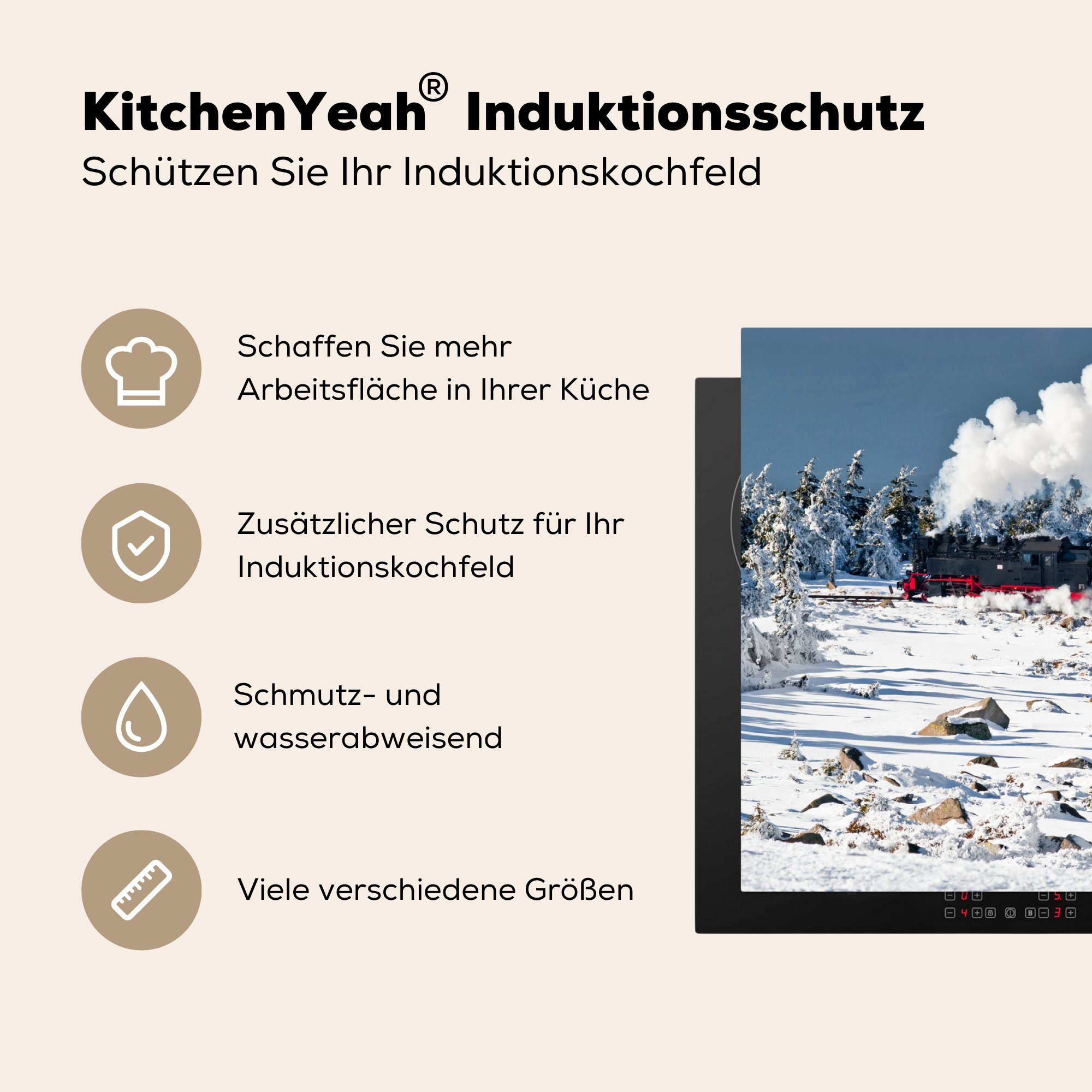 küche Vinyl, Herdblende-/Abdeckplatte Ceranfeldabdeckung, 83x51 MuchoWow im für Arbeitsplatte (1 Schnee, cm, Dampflokomotive tlg), Eine