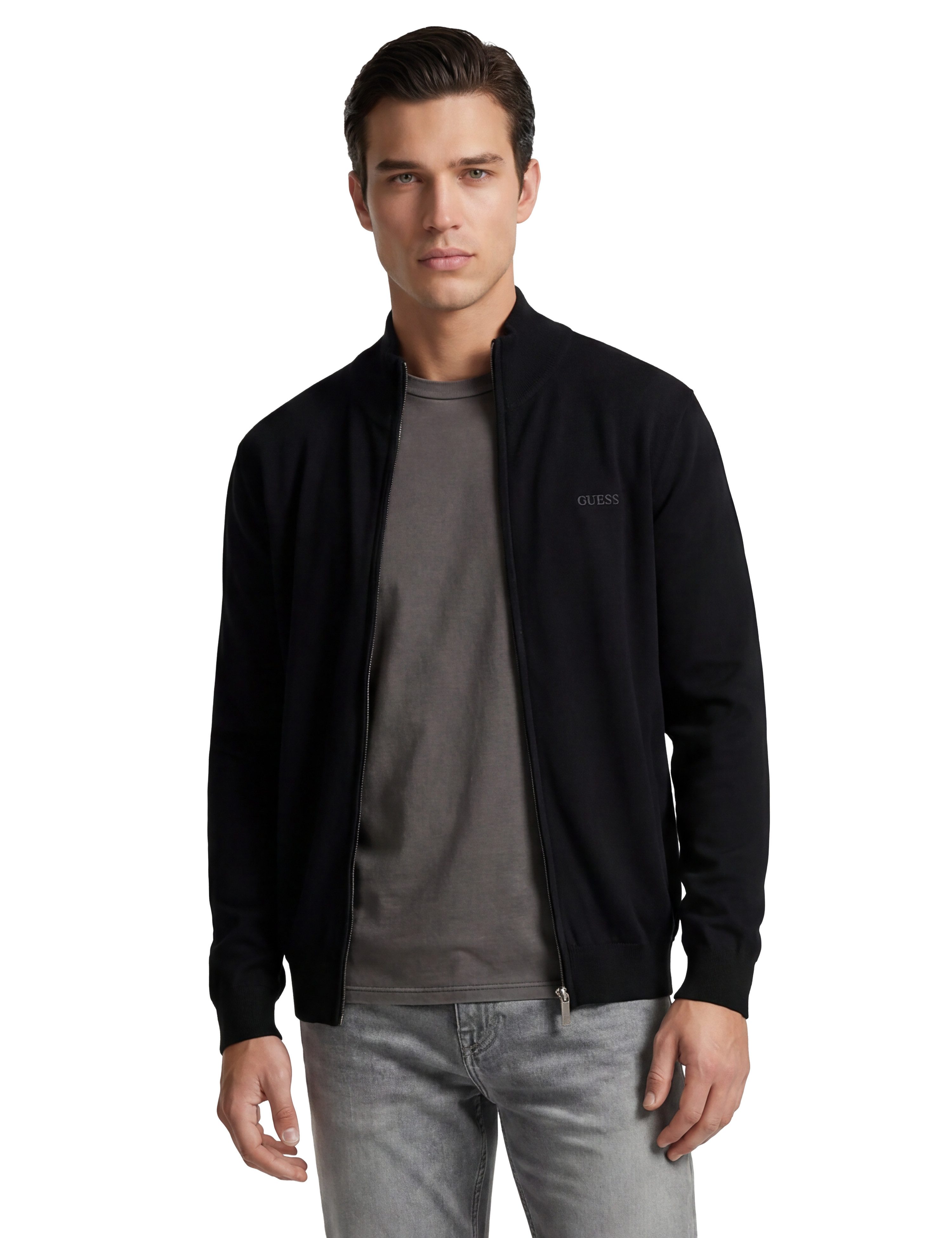 Guess Strickjacke MAGNUS mit Woll- und Seiden-Anteil, Stehkragen, Regular Fit