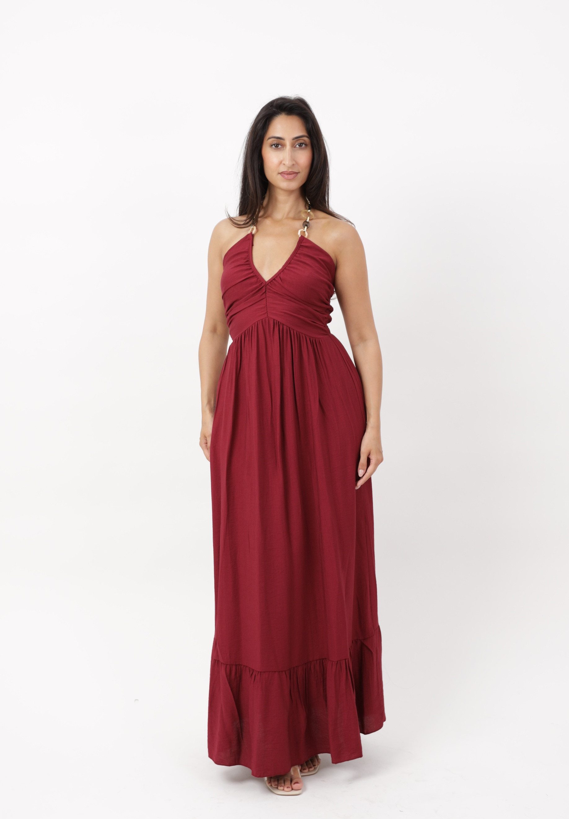 Elara Maxikleid Damen Maxikleid mit Neckholder, Schmuckringen und gerafftem Oberteil (1-tlg)