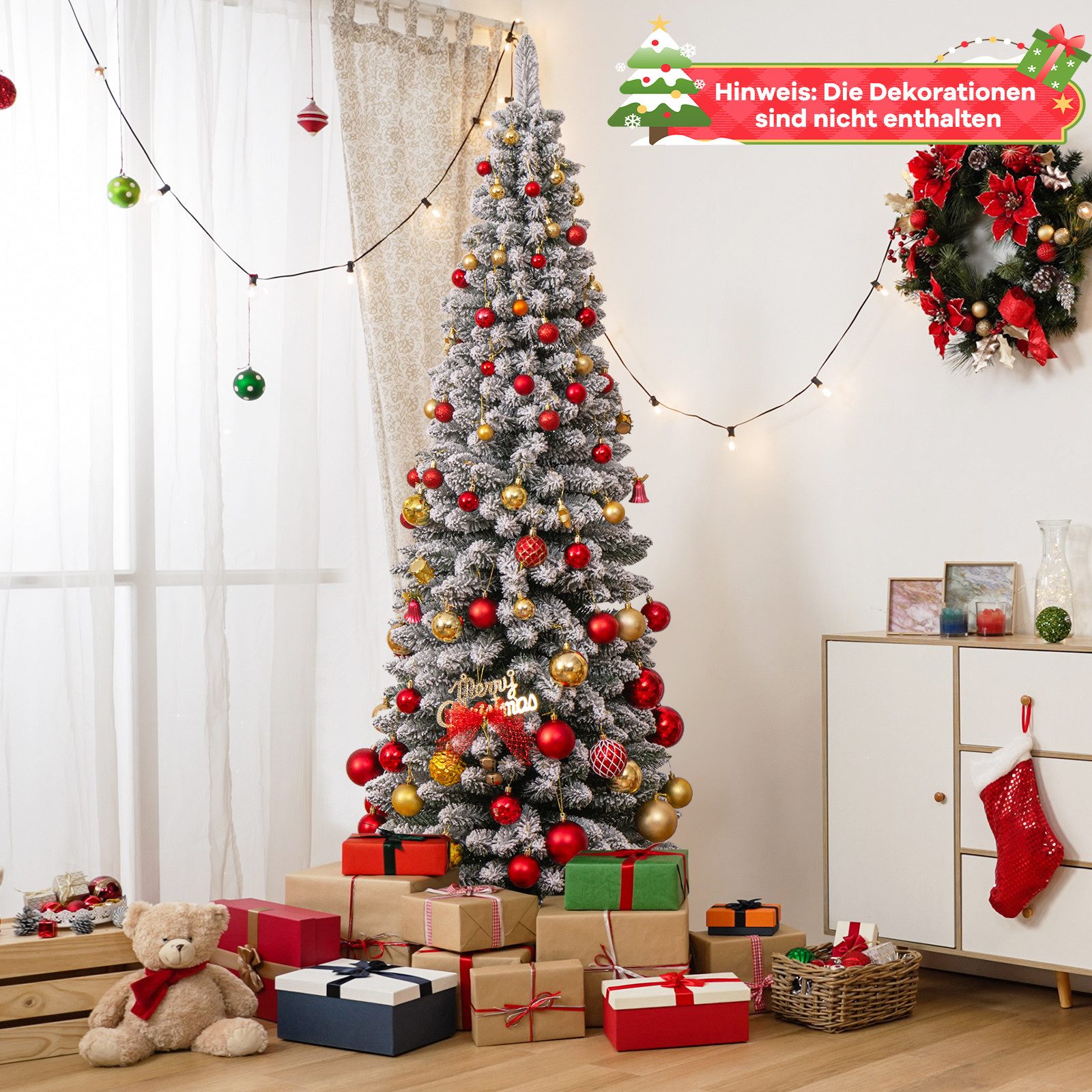 COSTWAY Künstlicher Weihnachtsbaum, Bleistift, 180cm, 460 Zweigspitzen, Metallständer