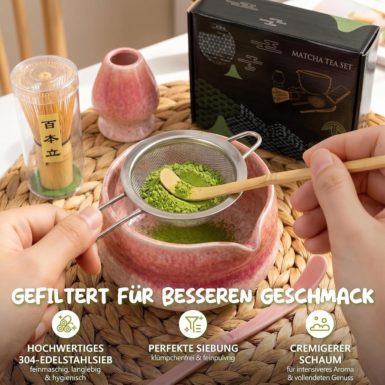 LuxusKollektion Teeschale Matcha Set 8-teilig Keramikschale Bambusbesen Rosa, Keramik – Bild 3 von 5