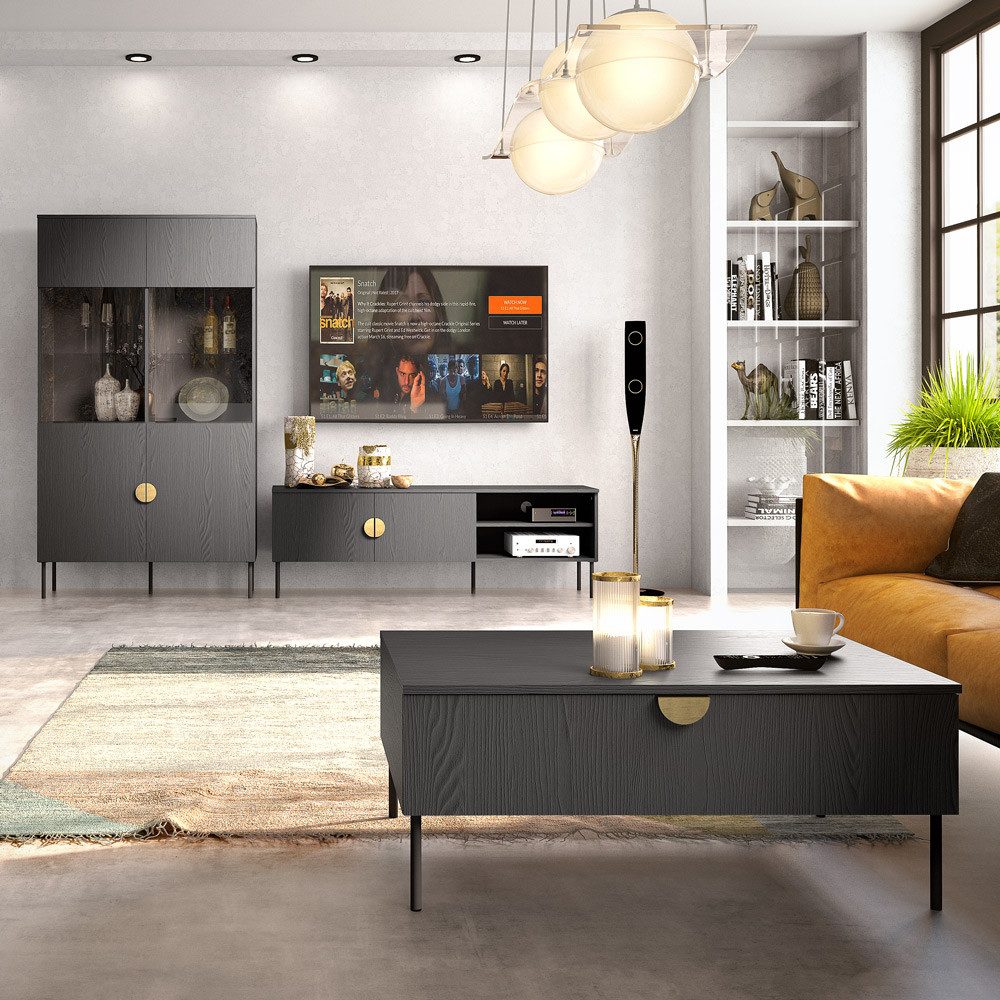 Lomadox Vitrine MOLONG-166 Vitrinenschrank Schrank schwarz Glas Wohnzimmer Esszimmer 107/188/40cm