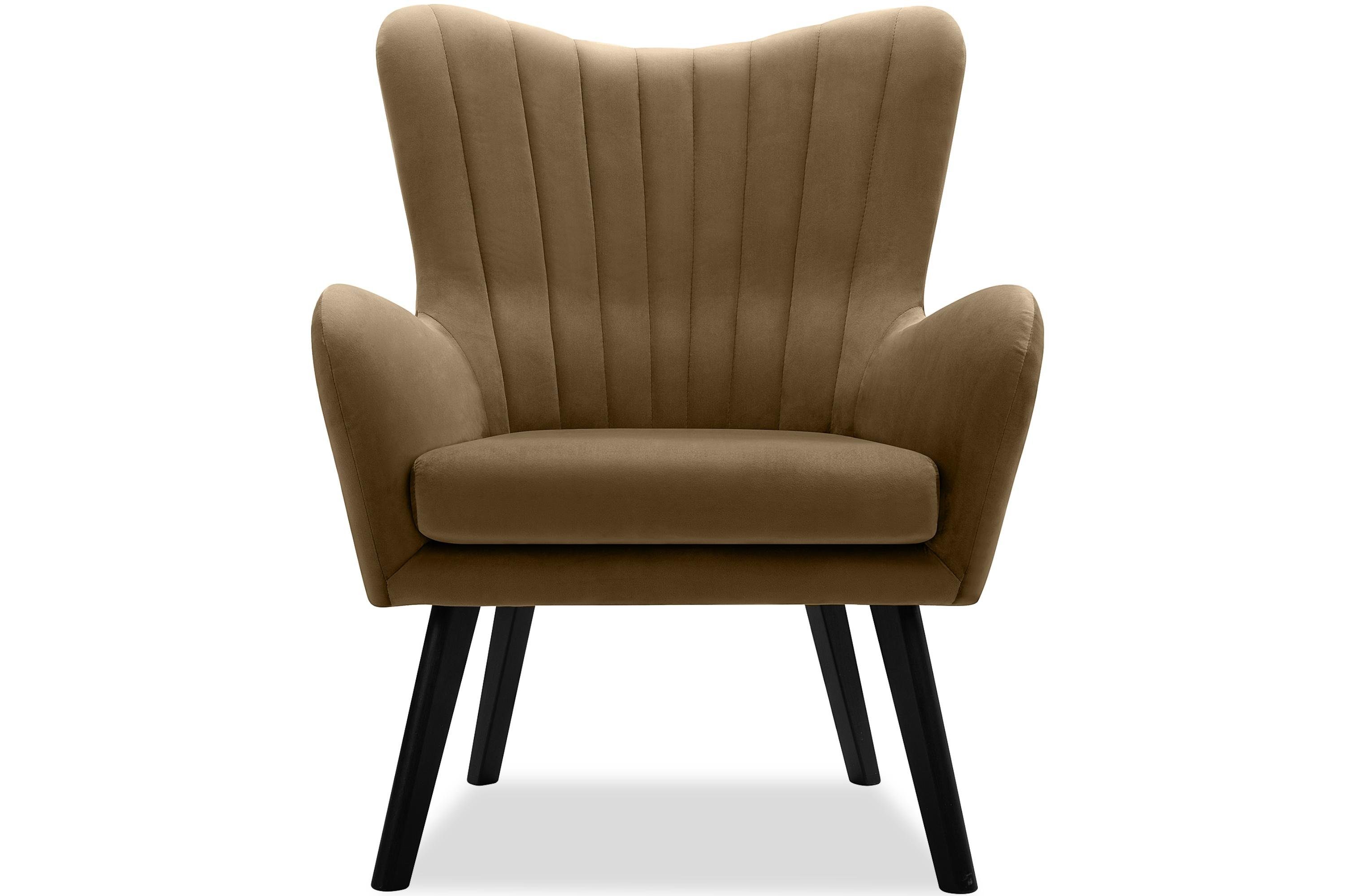 Konsimo Ohrensessel Sitz, | Holzbeine lackierte beige Velourstoff, im PUR-Schaum GADI, Schwarz beige