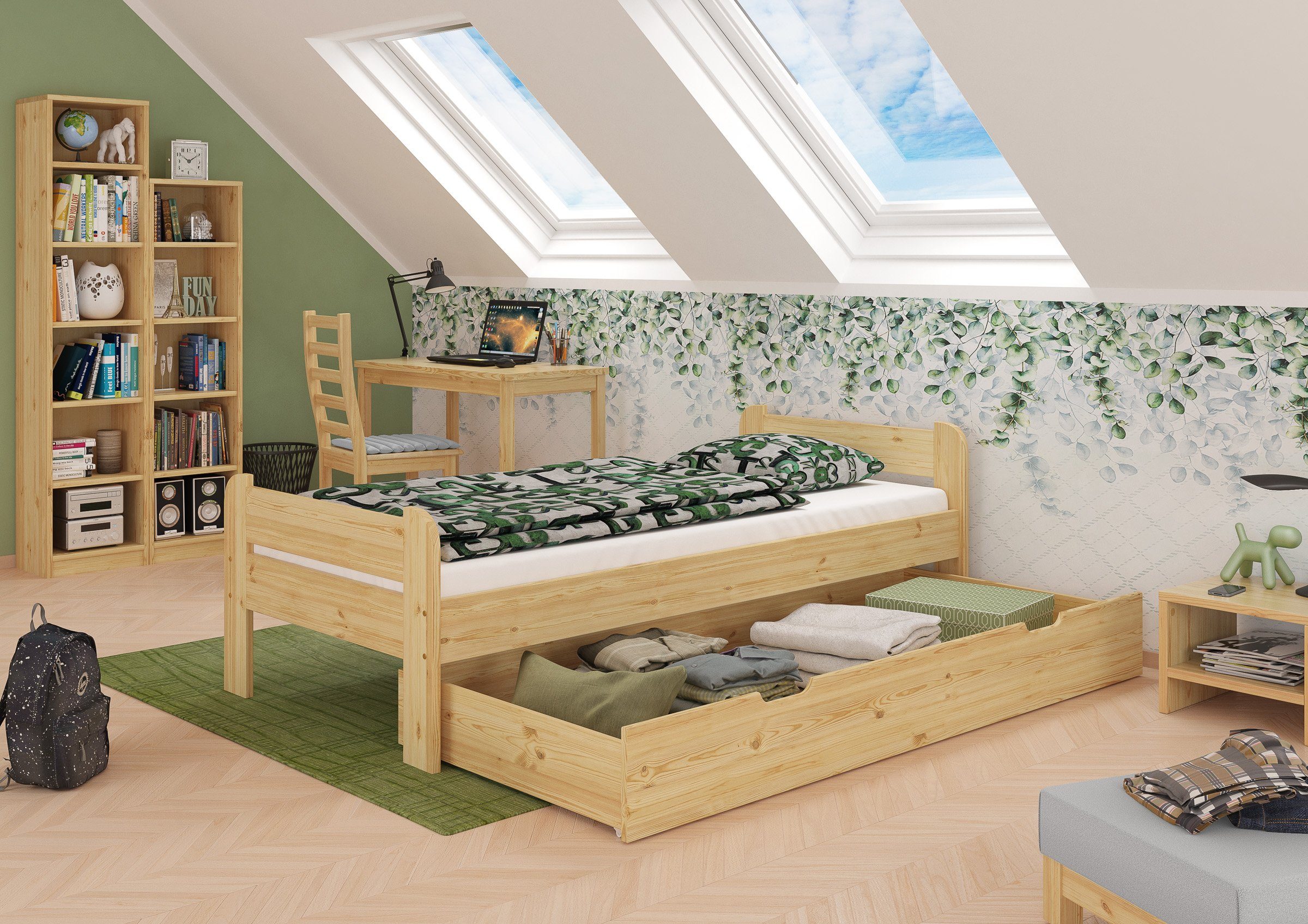 Kieferfarblos Kiefer Natur lackiert Rollrost, 90x200 Jugendbett Massivholzbett Bett ERST-HOLZ